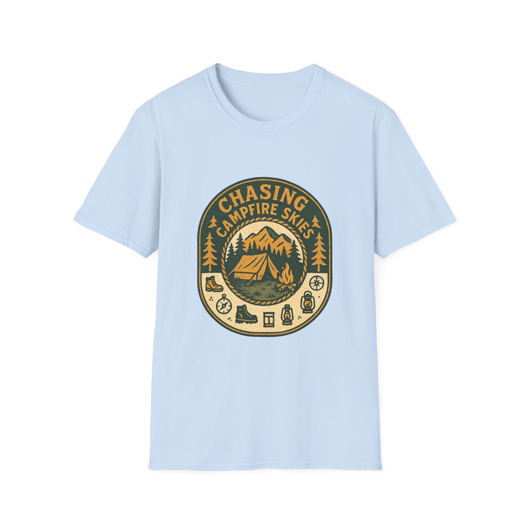 Chasing Campfire Skies T-Shirt | Mountain Camping Badge