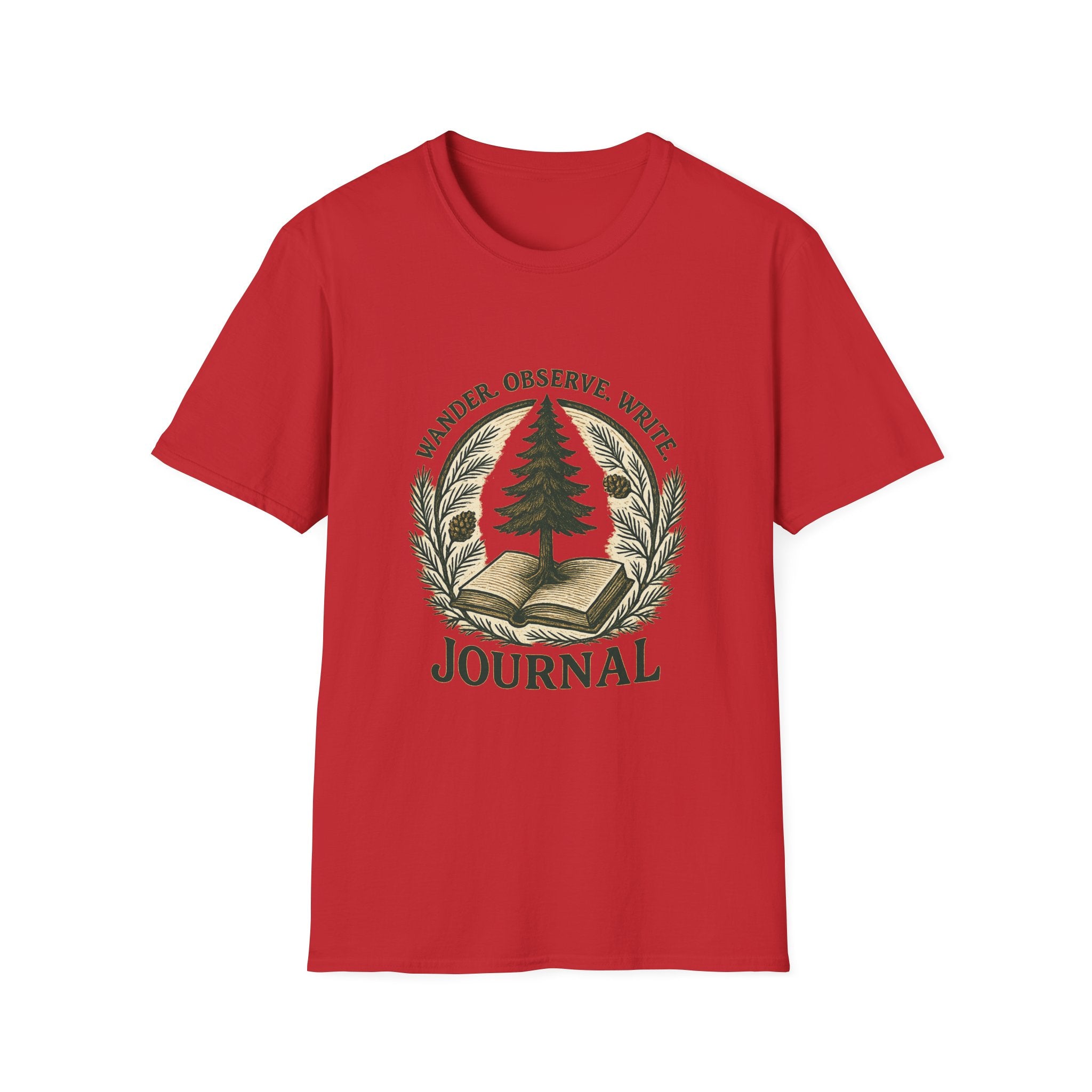 Wander Observe Write Journal T-Shirt | Nature Tree, Pinecone, Botanical Design