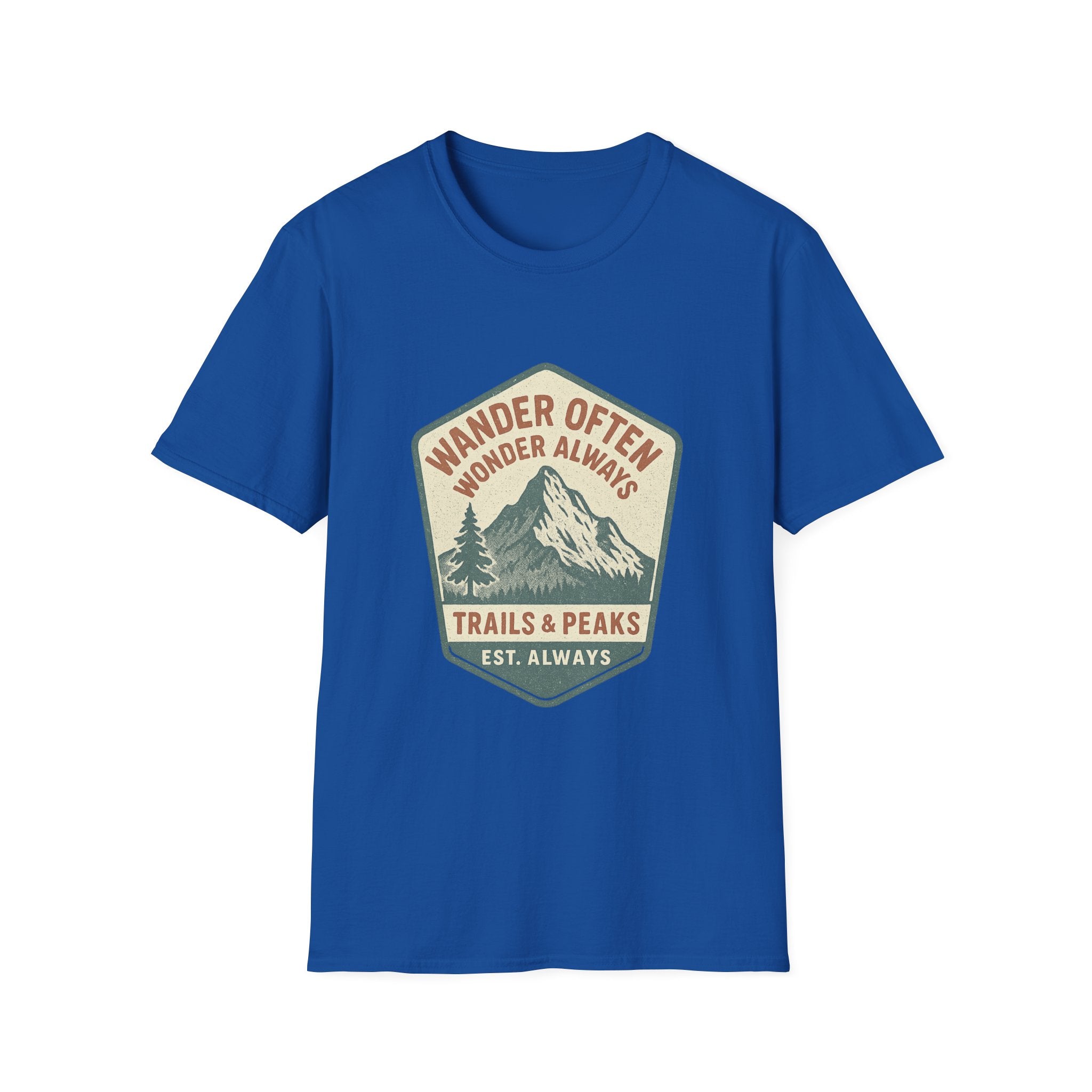 Wander Often Wonder Always Mountain Badge T-Shirt | Trails & Peaks Tee