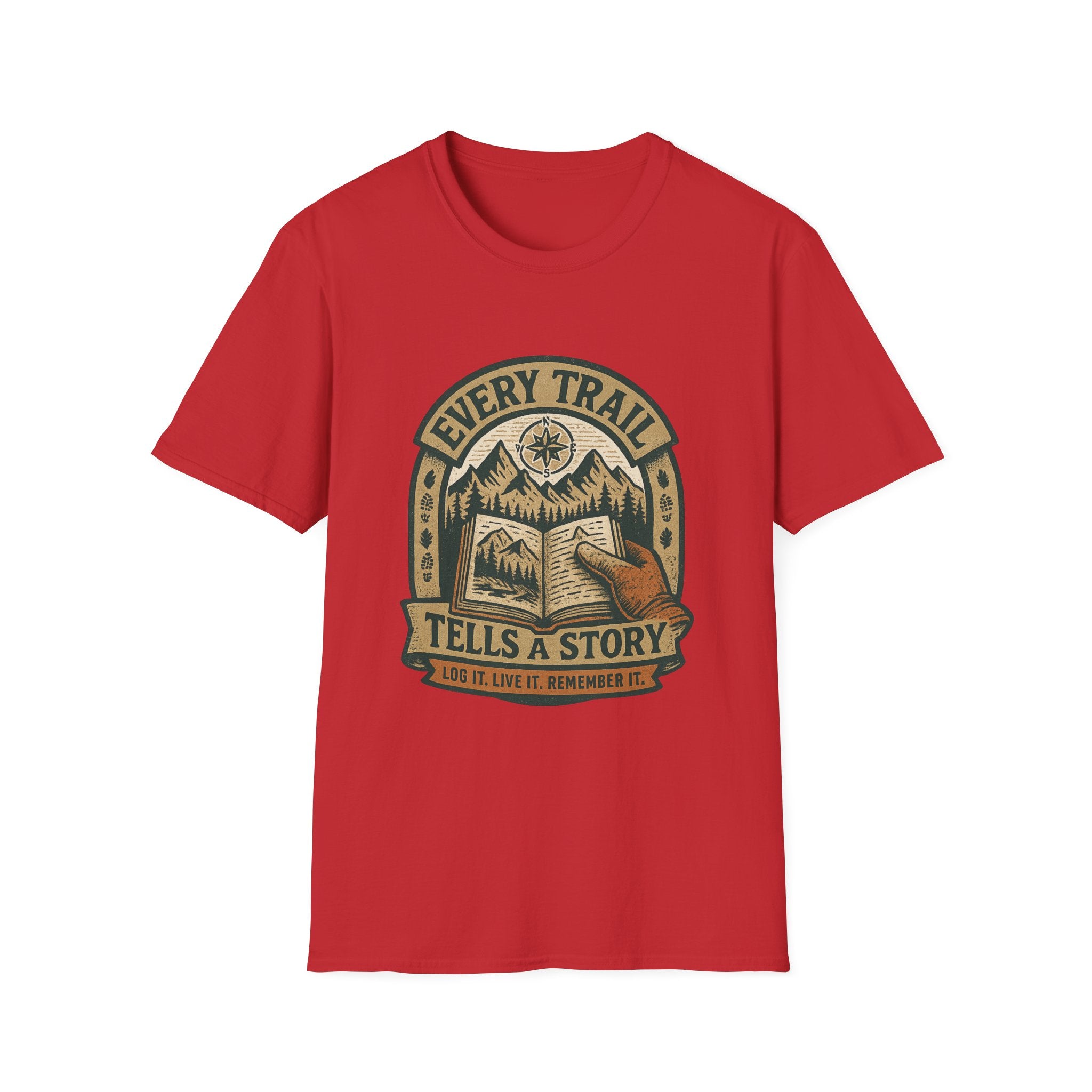 Every Trail Tells a Story T-Shirt | Hiking Mountains Compass Patch