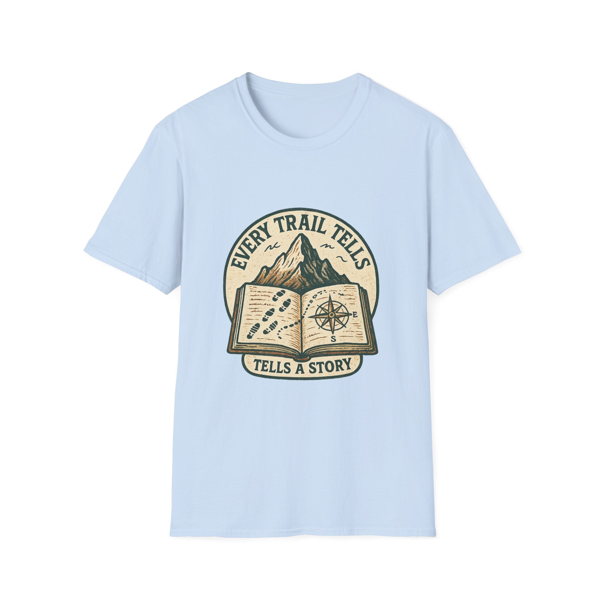 Every Trail Tells Story T-Shirt | Mountain, Open Book, Compass Design