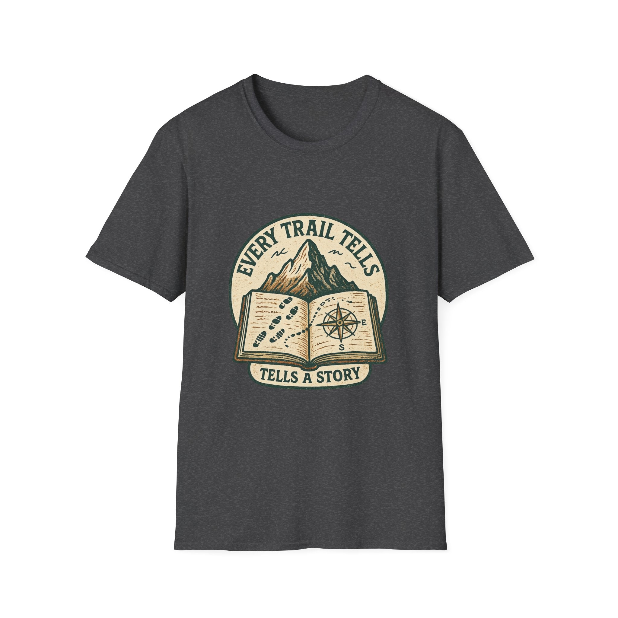 Every Trail Tells Story T-Shirt | Mountain, Open Book, Compass Design
