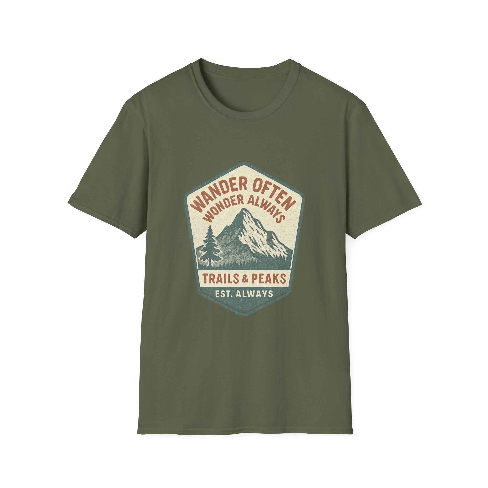 Wander Often Wonder Always Mountain Badge T-Shirt | Trails & Peaks Tee