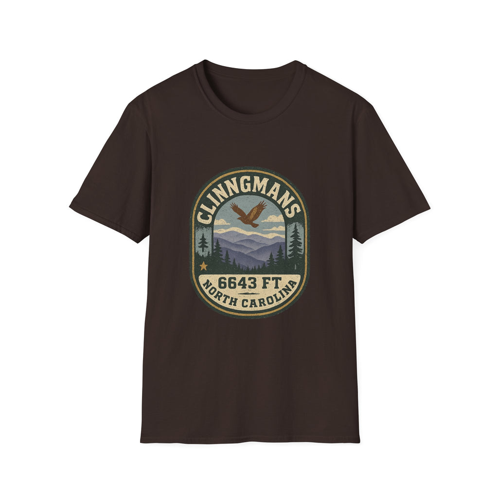 Clinngmans North Carolina 6643 Ft Mountain Badge T-Shirt | Hiking Patch Design