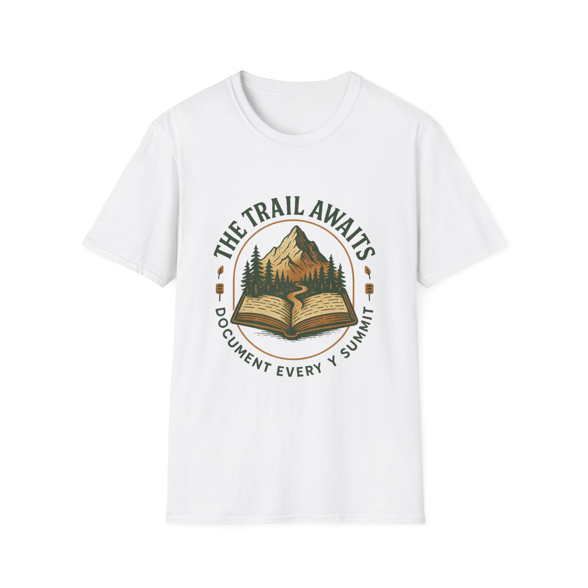 The Trail Awaits mountain and book illustration T-Shirt | hiking, adventure, nature