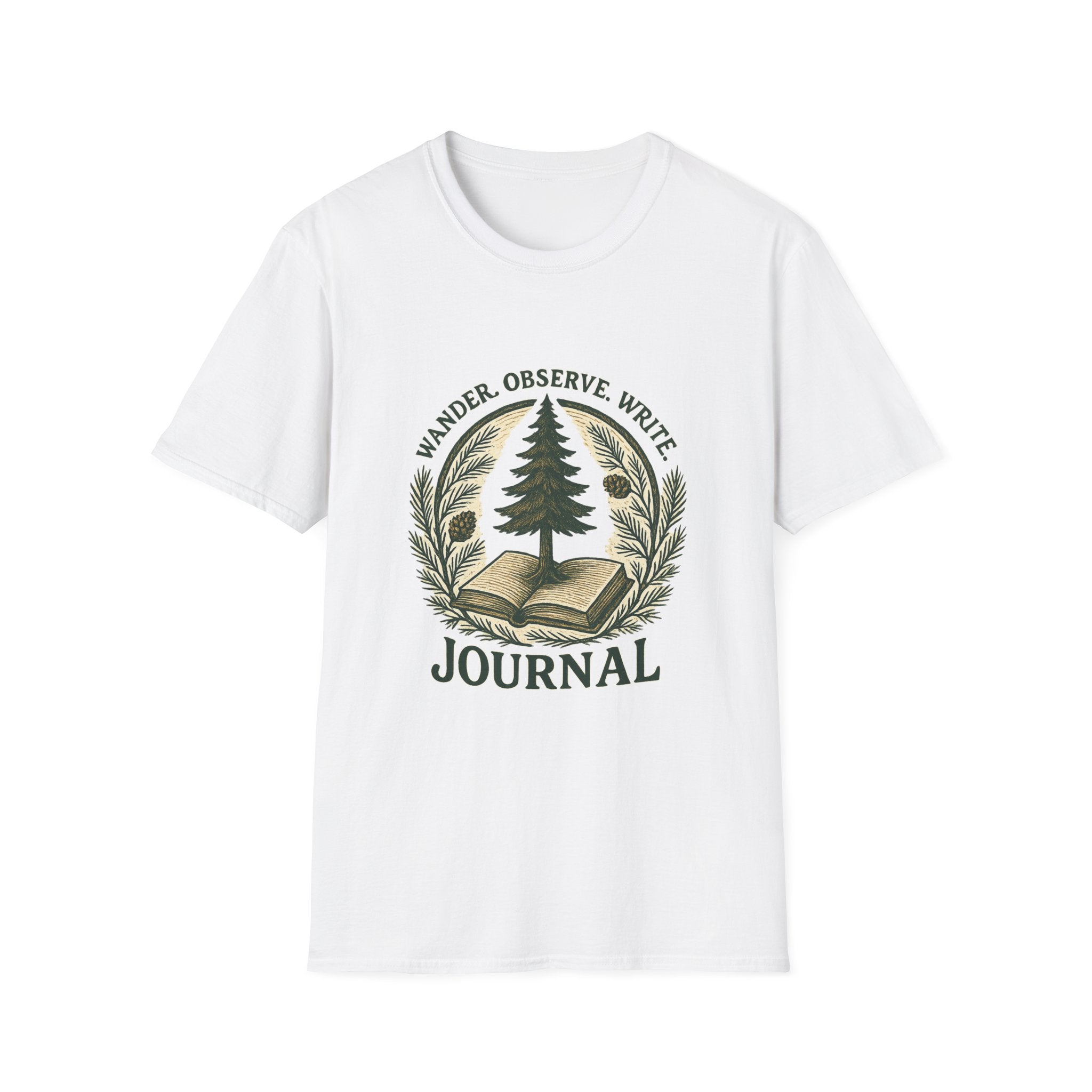 Wander Observe Write Journal T-Shirt | Nature Tree, Pinecone, Botanical Design