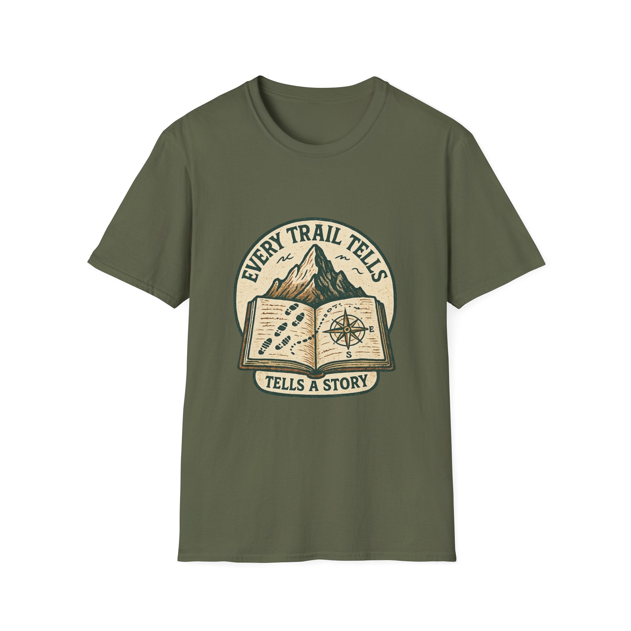 Every Trail Tells Story T-Shirt | Mountain, Open Book, Compass Design