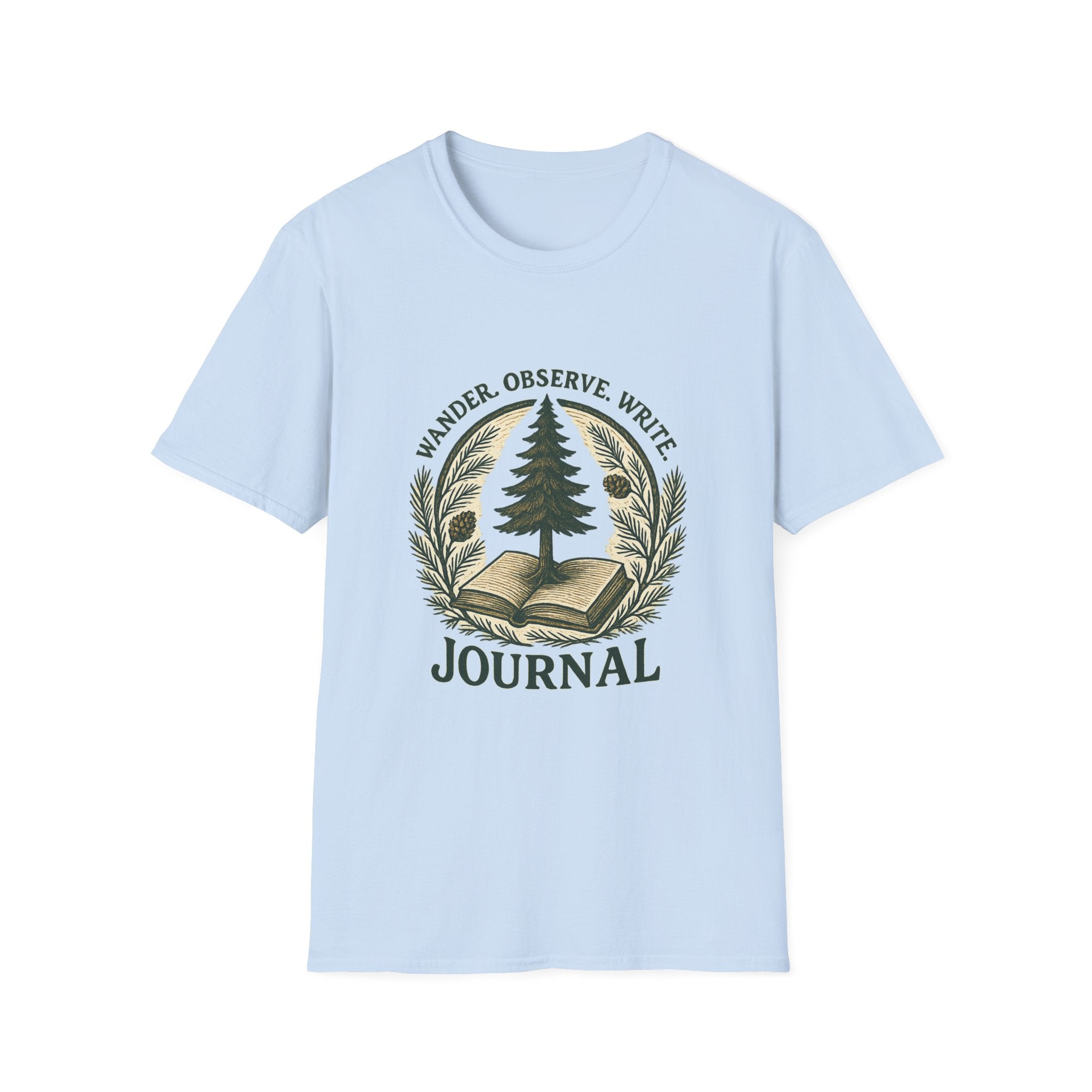 Wander Observe Write Journal T-Shirt | Nature Tree, Pinecone, Botanical Design
