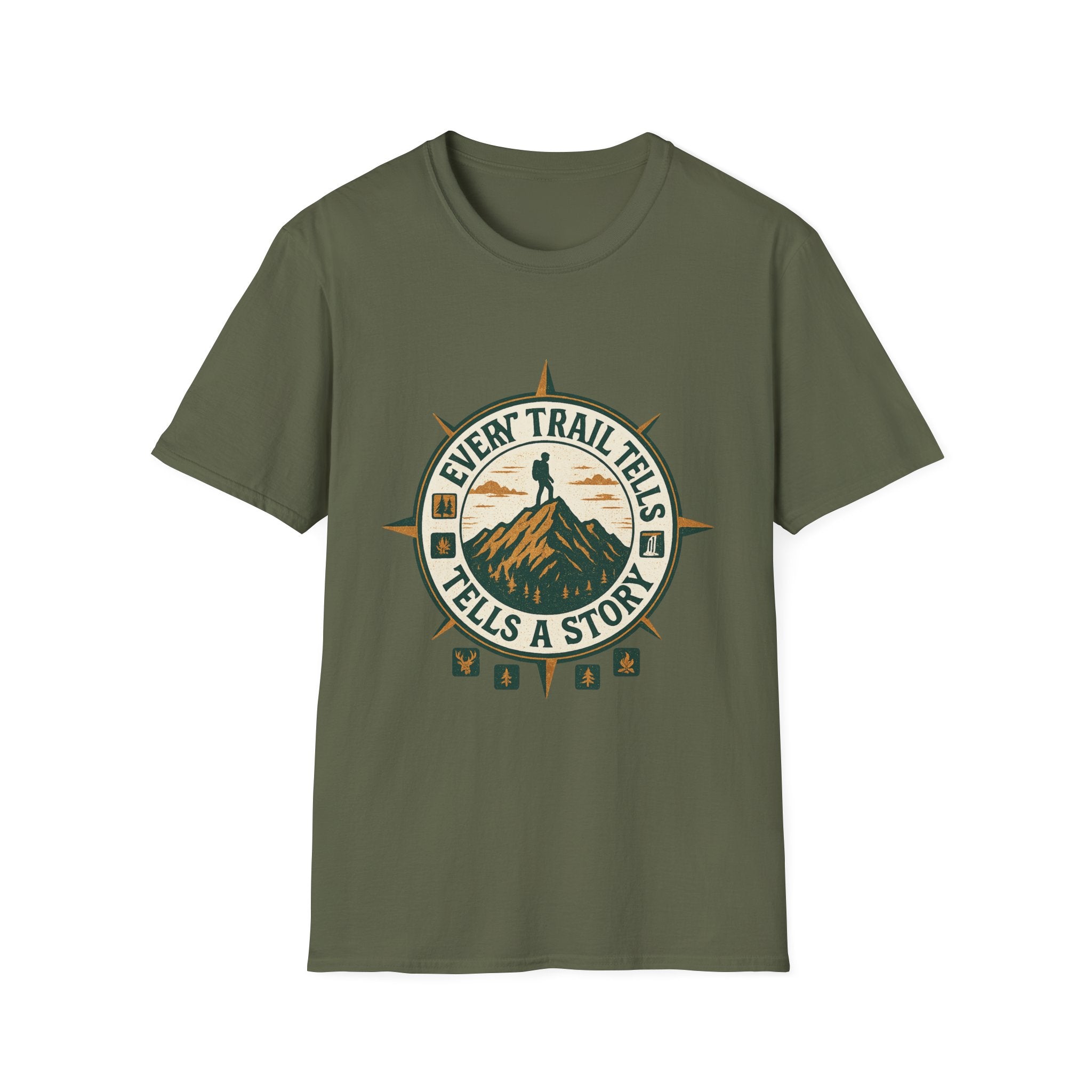 Every Trail Tells a Story T-Shirt | Hiking Compass Mountain Design
