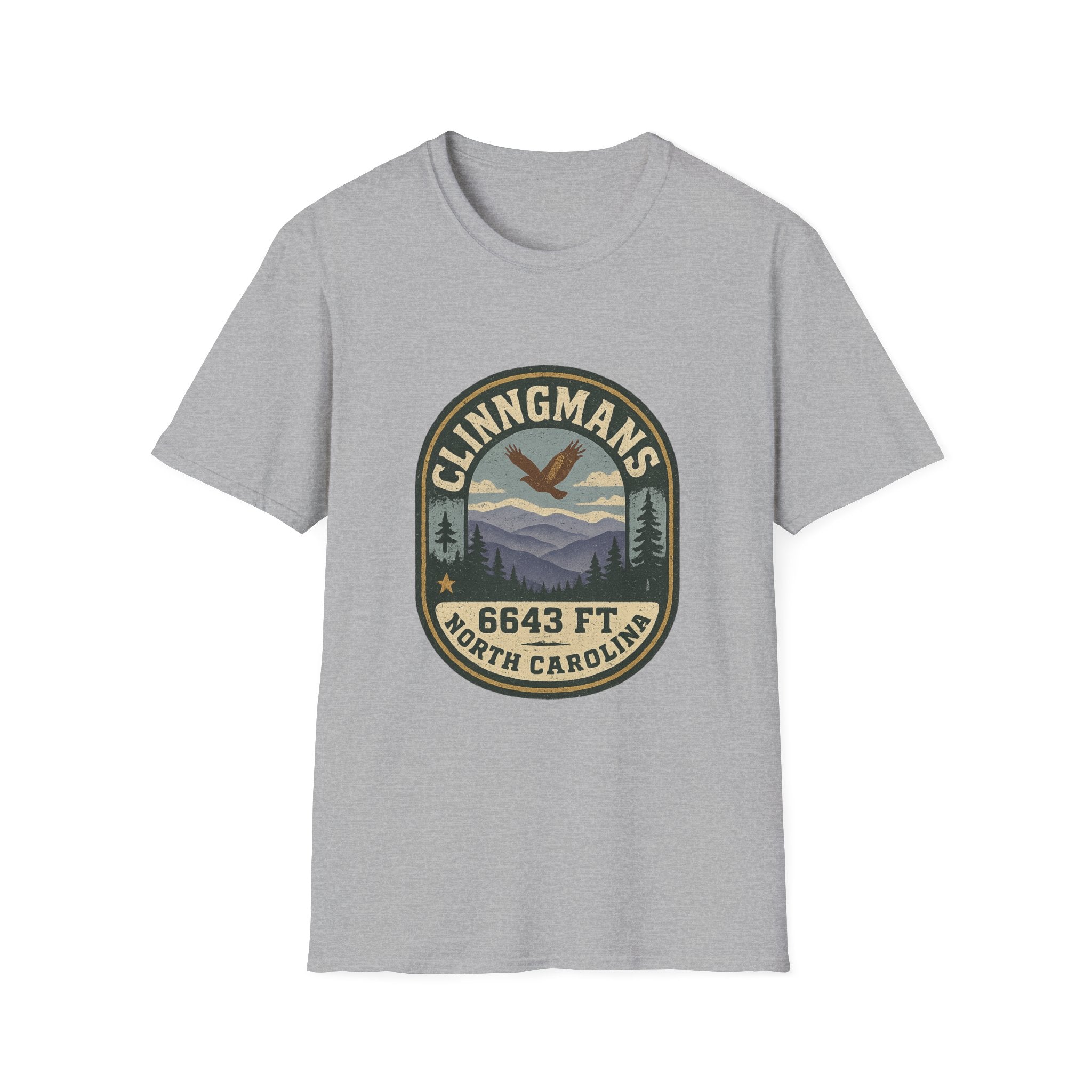 Clinngmans North Carolina 6643 Ft Mountain Badge T-Shirt | Hiking Patch Design