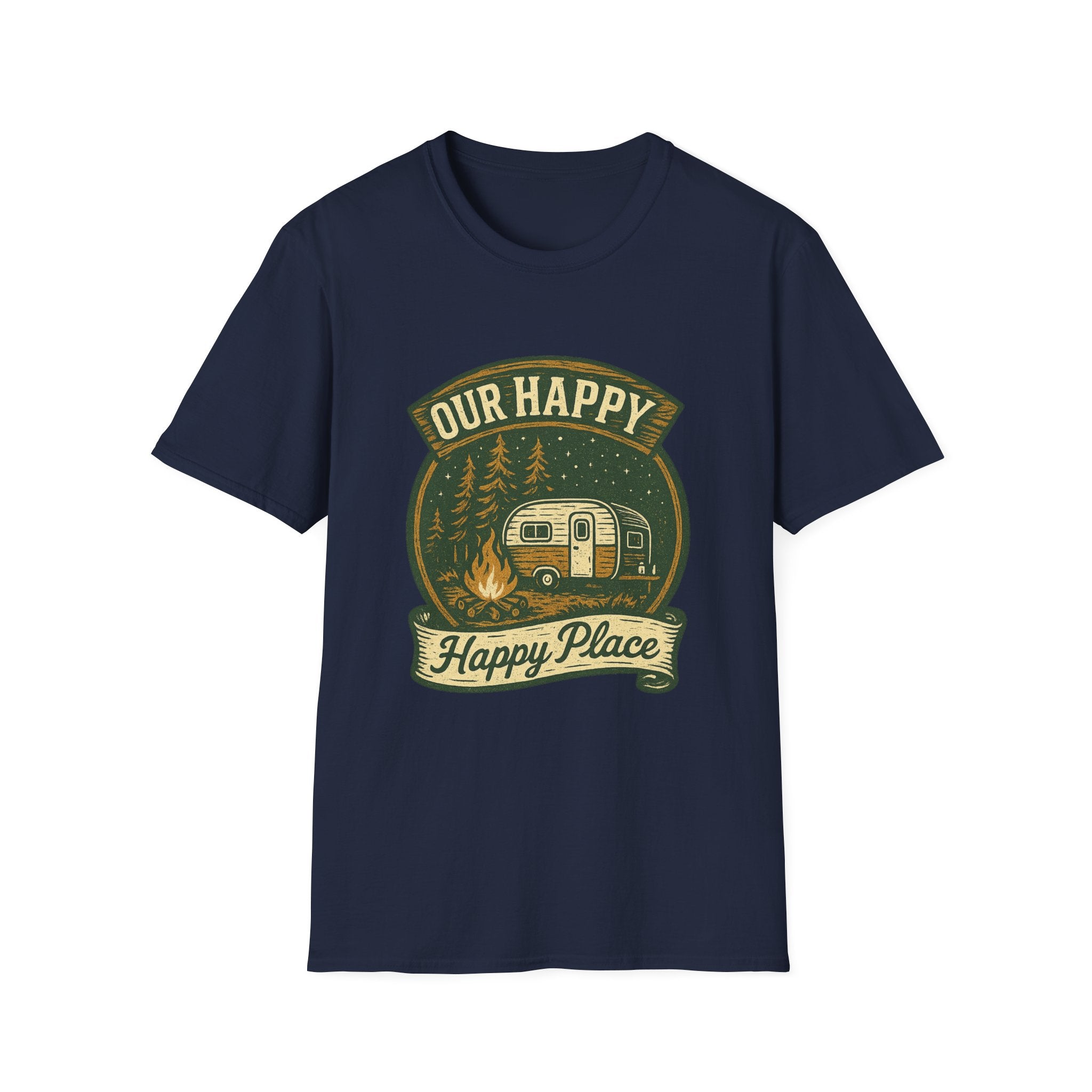 Our Happy Happy Place camper graphic T-Shirt | vintage camping trailer design