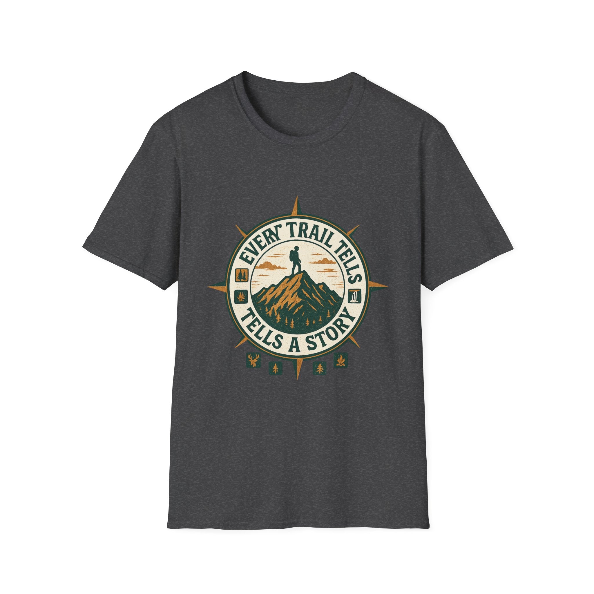 Every Trail Tells a Story T-Shirt | Hiking Compass Mountain Design