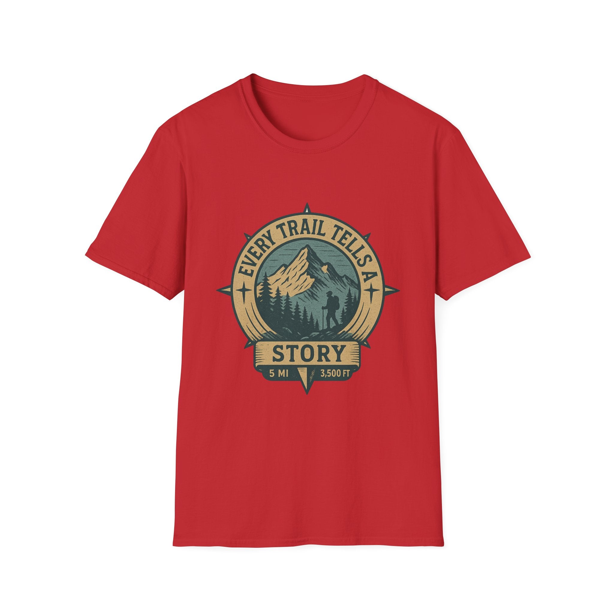 Every Trail Tells a Story T-Shirt | Mountain Hiking Badge Tee