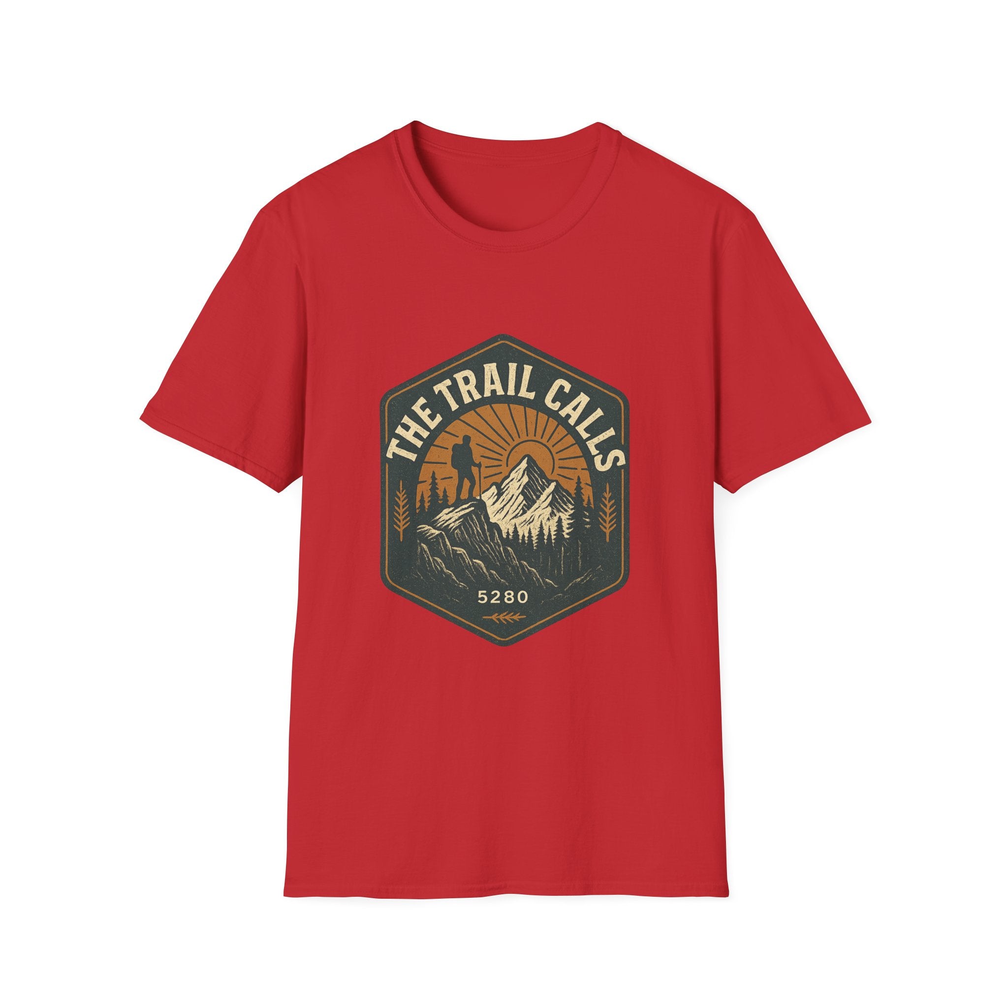 The Trail Calls hiking emblem T-Shirt | mountain, sunset, outdoors