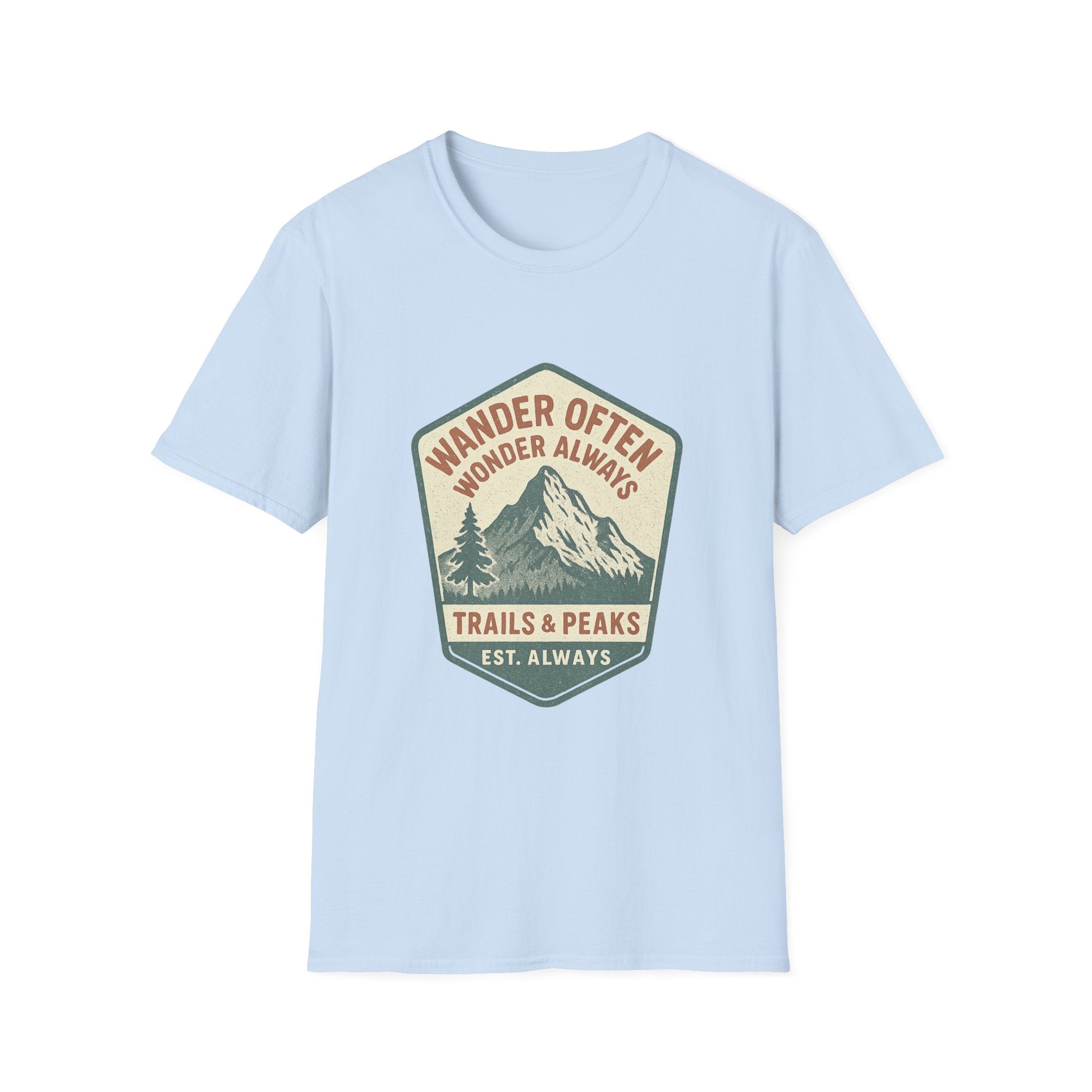 Wander Often Wonder Always Mountain Badge T-Shirt | Trails & Peaks Tee
