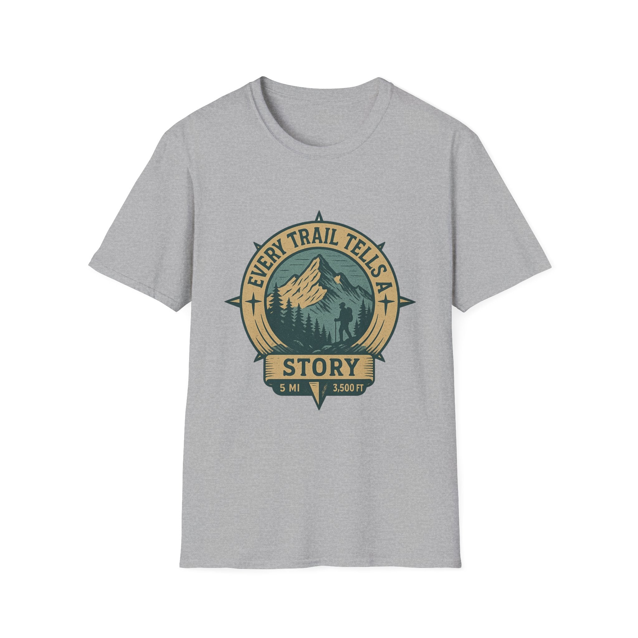 Every Trail Tells a Story T-Shirt | Mountain Hiking Badge Tee
