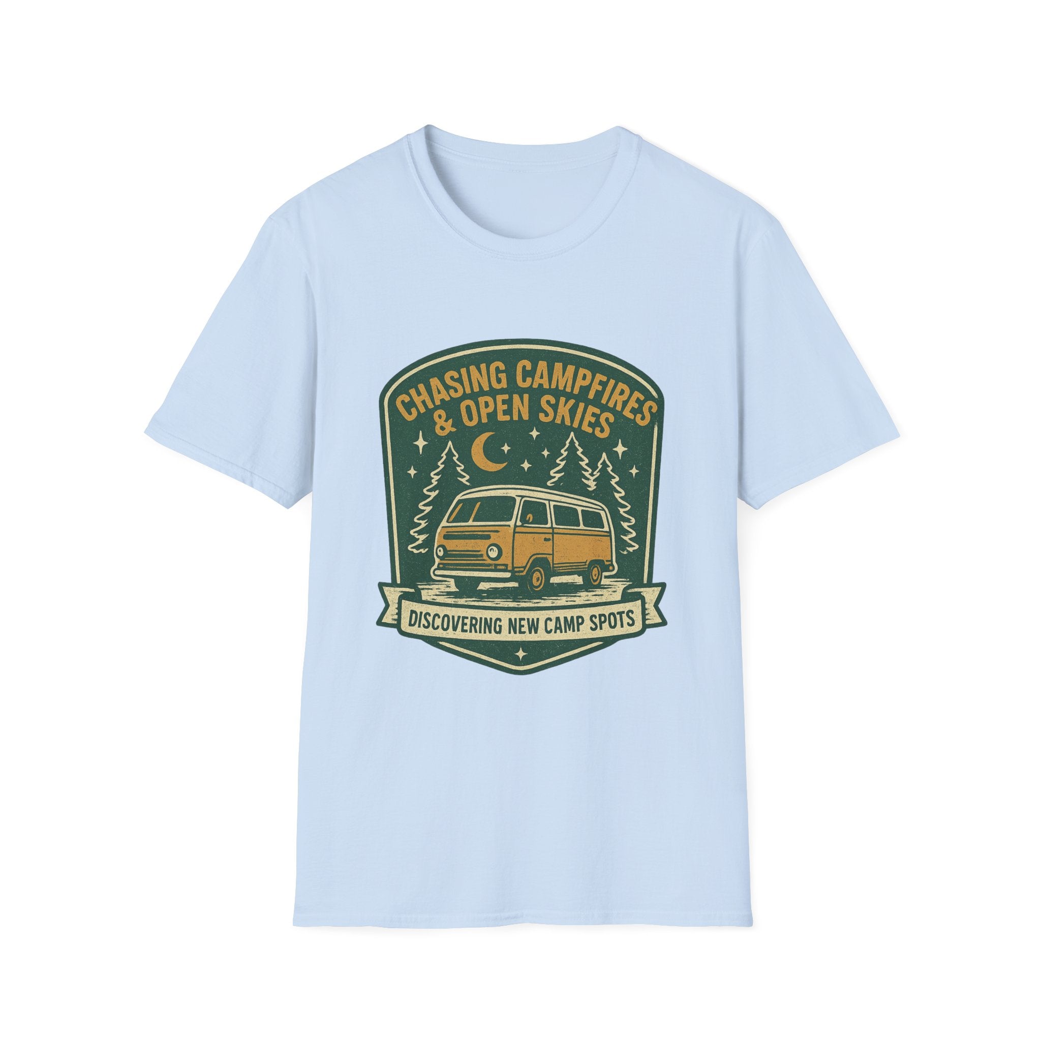 Chasing Campfires & Open Skies T-Shirt | Vintage Camper Van Camping Design