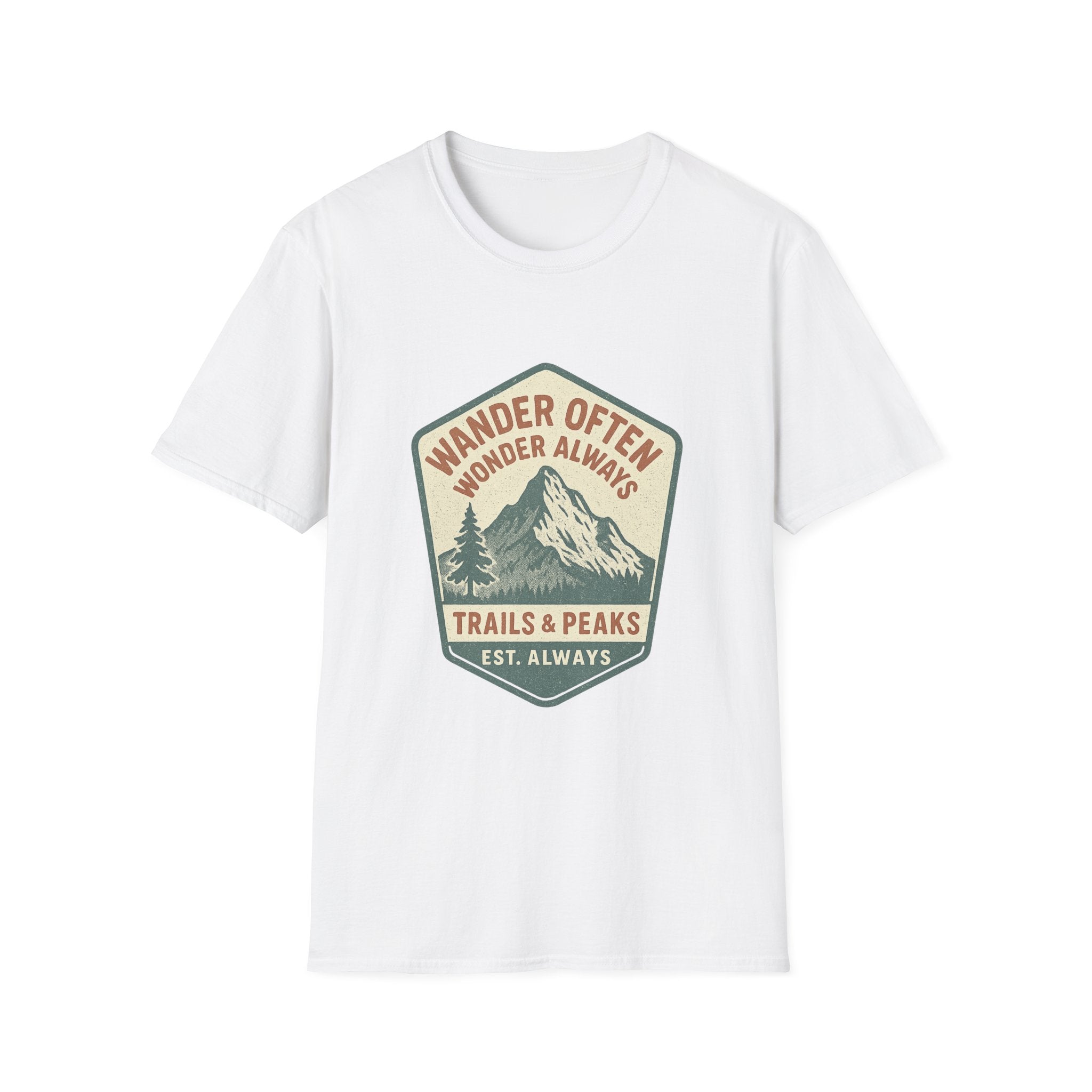 Wander Often Wonder Always Mountain Badge T-Shirt | Trails & Peaks Tee