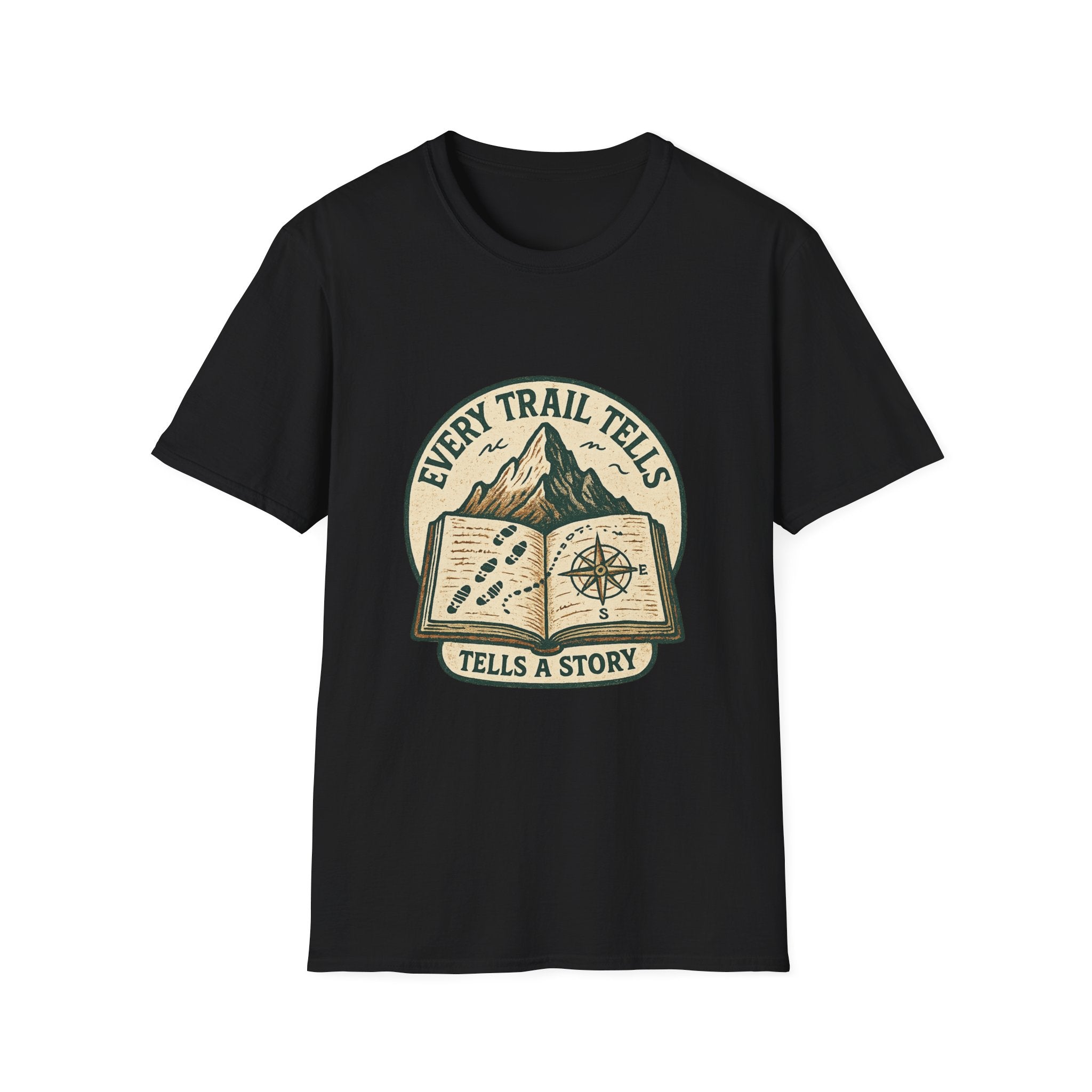Every Trail Tells Story T-Shirt | Mountain, Open Book, Compass Design