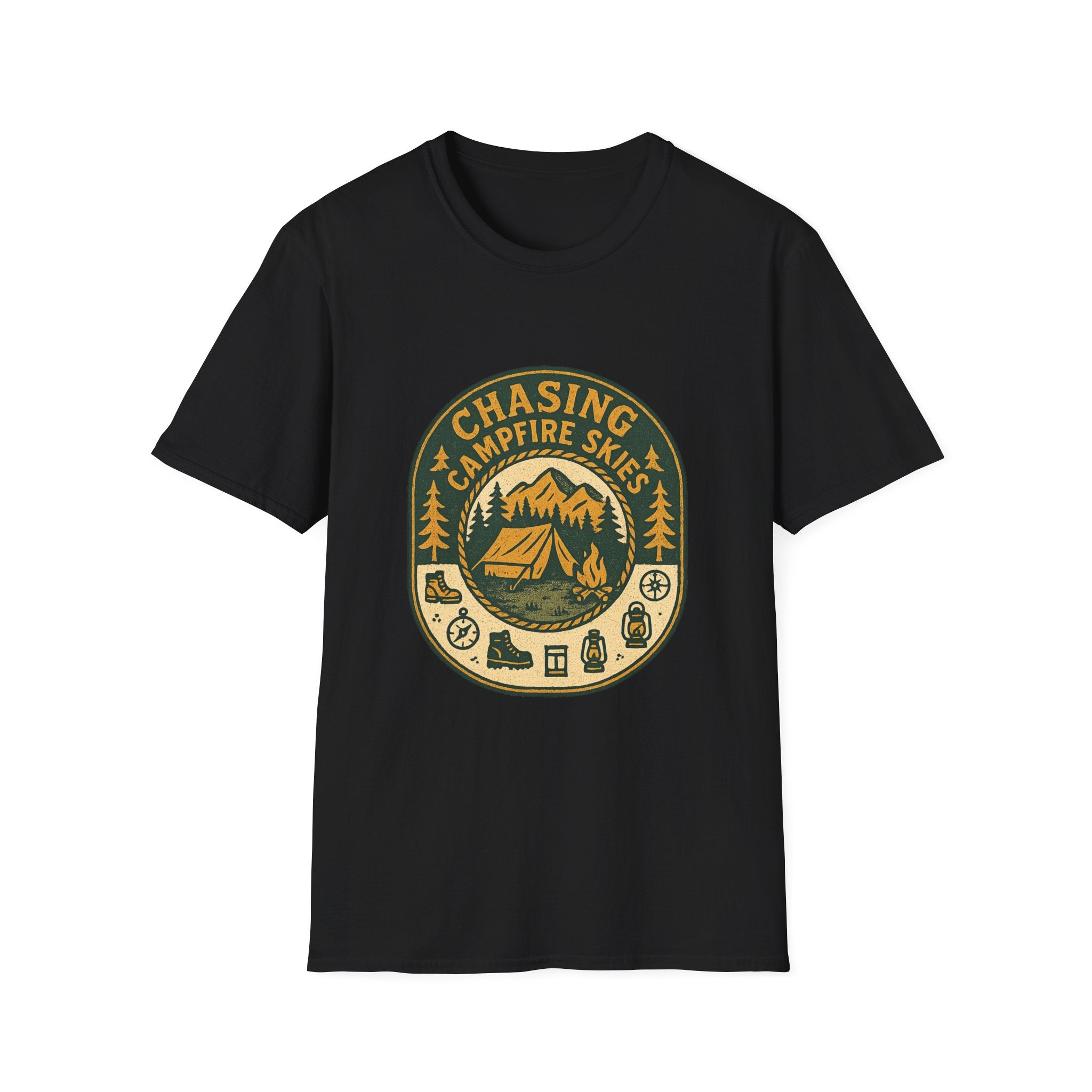 Chasing Campfire Skies T-Shirt | Mountain Camping Badge