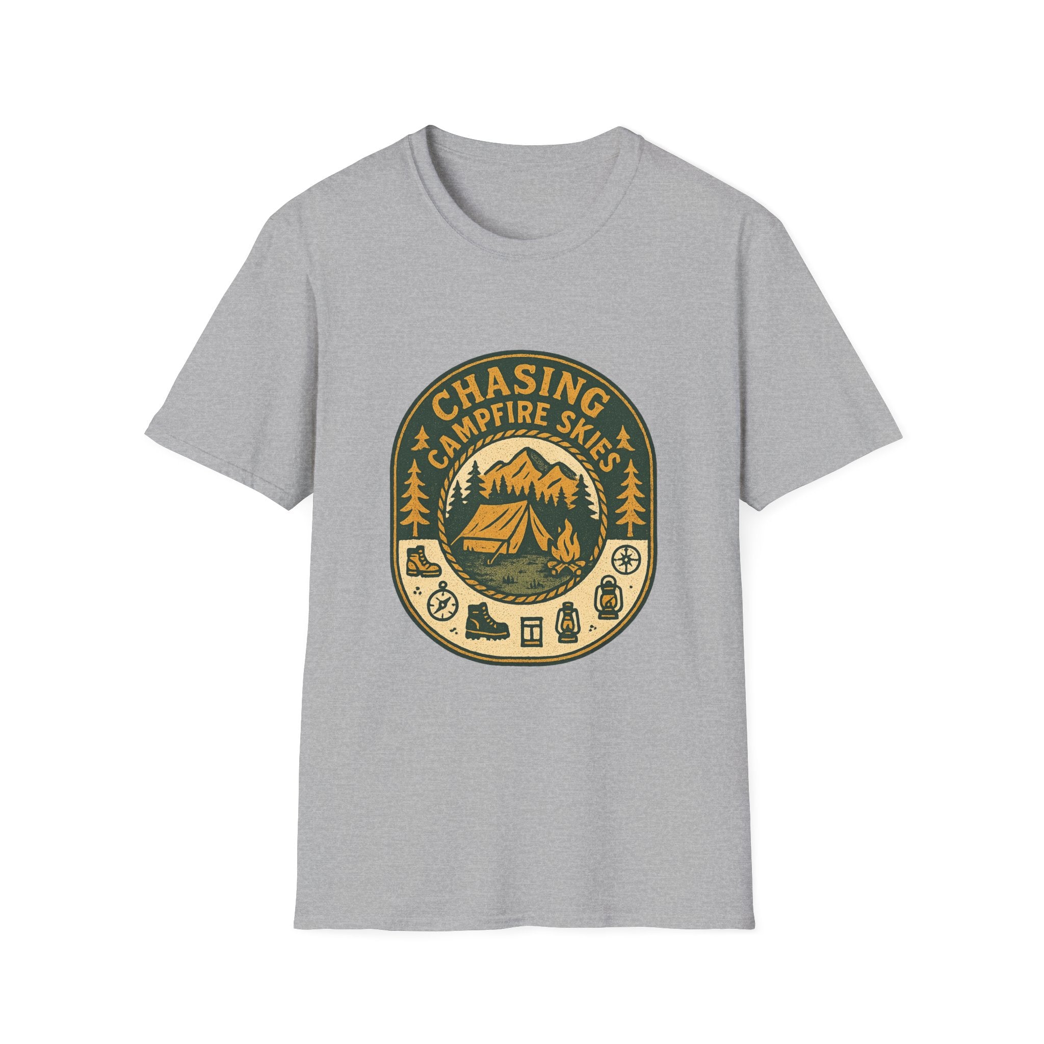 Chasing Campfire Skies T-Shirt | Mountain Camping Badge