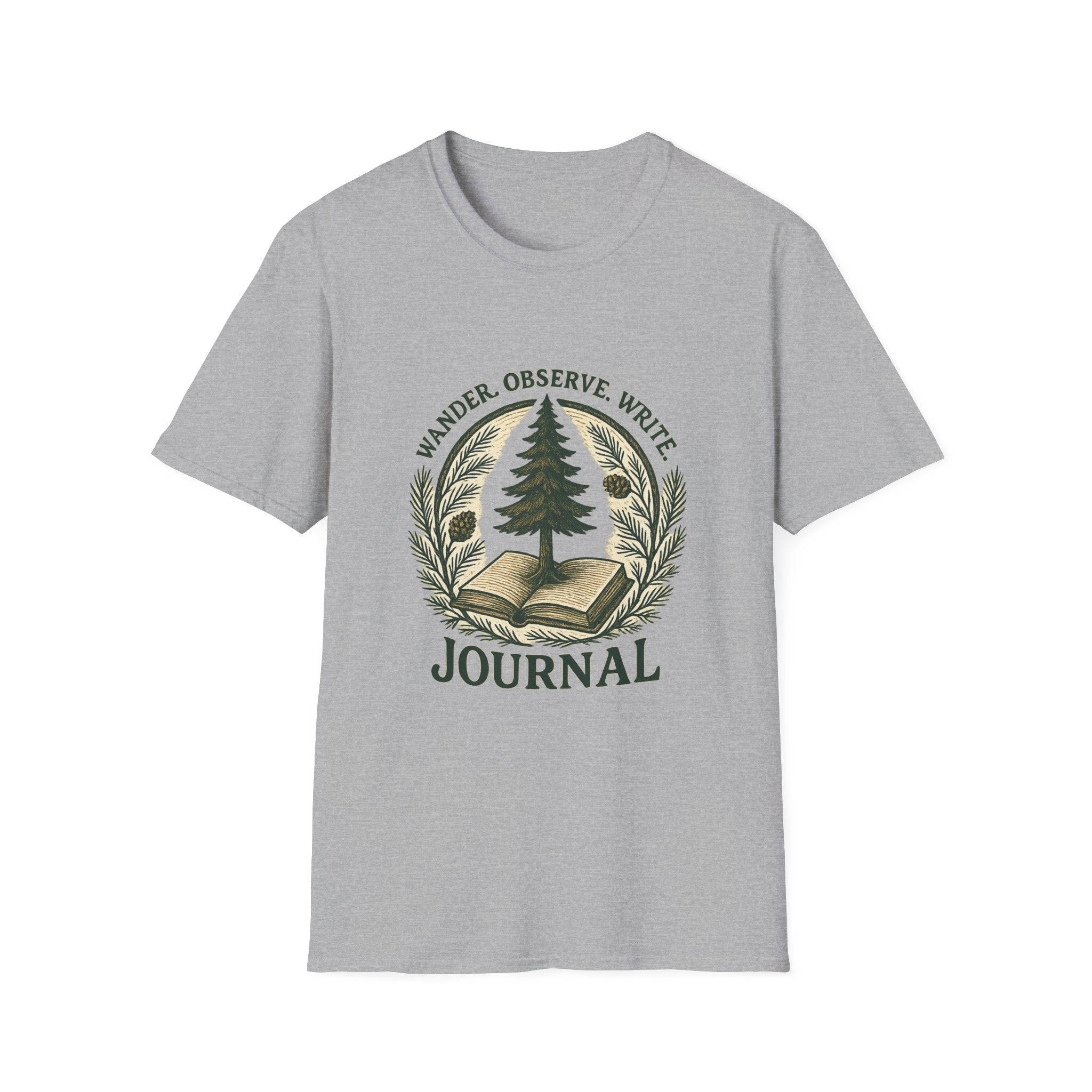 Wander Observe Write Journal T-Shirt | Nature Tree, Pinecone, Botanical Design