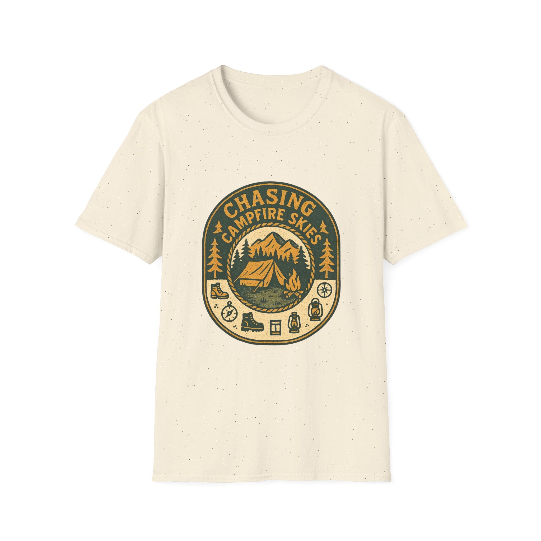 Chasing Campfire Skies T-Shirt | Mountain Camping Badge
