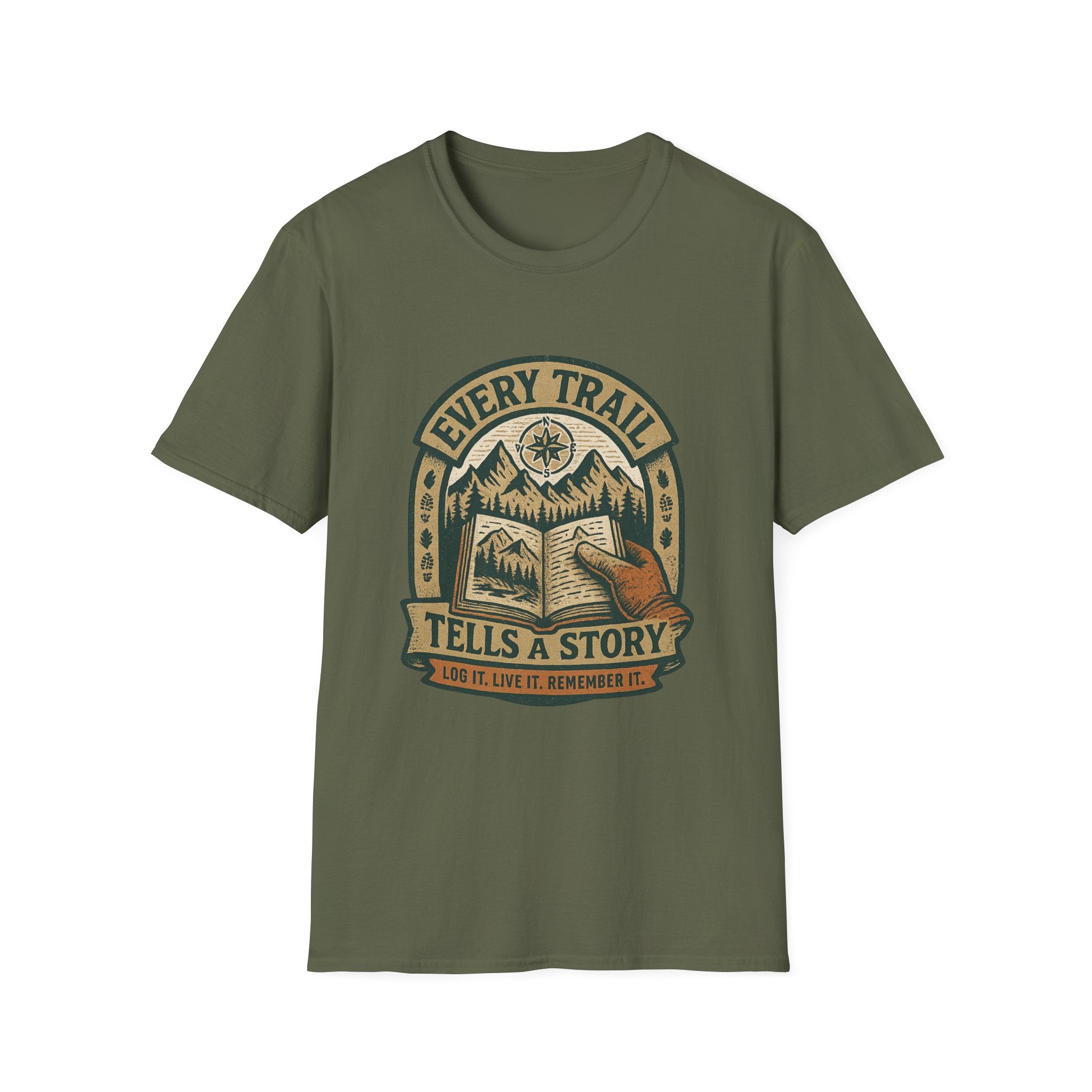 Every Trail Tells a Story T-Shirt | Hiking Mountains Compass Patch