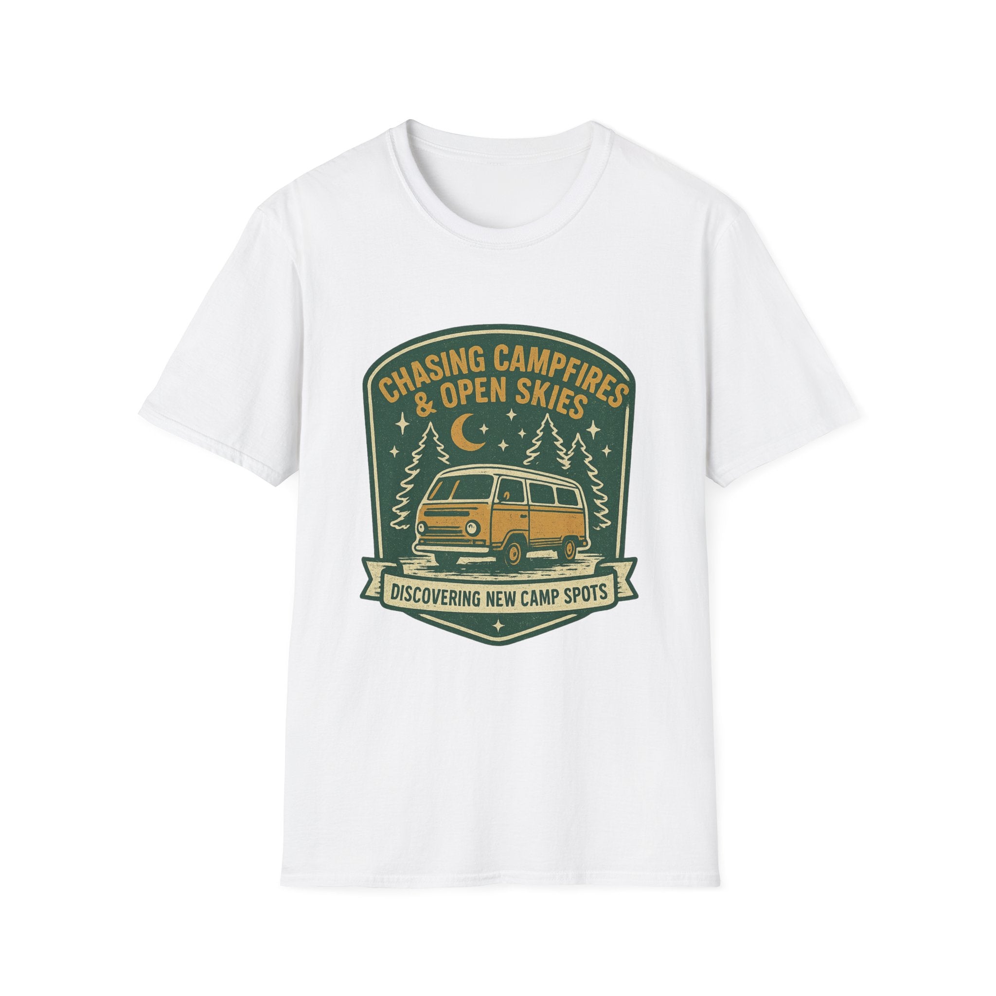 Chasing Campfires & Open Skies T-Shirt | Vintage Camper Van Camping Design