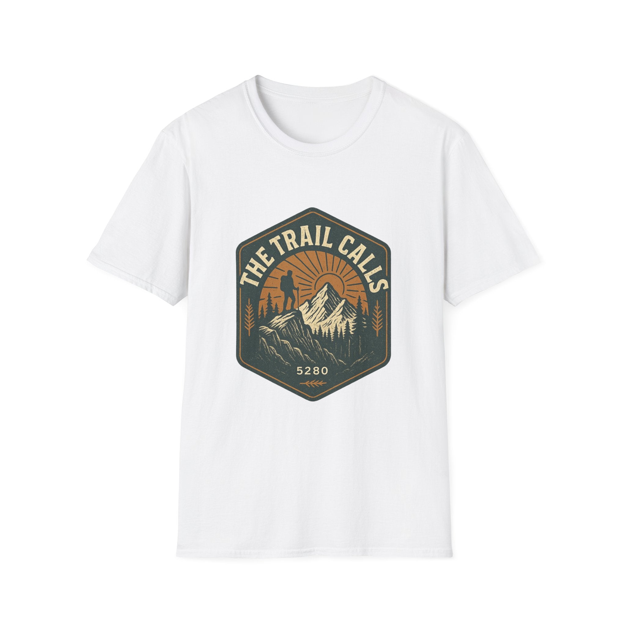The Trail Calls hiking emblem T-Shirt | mountain, sunset, outdoors