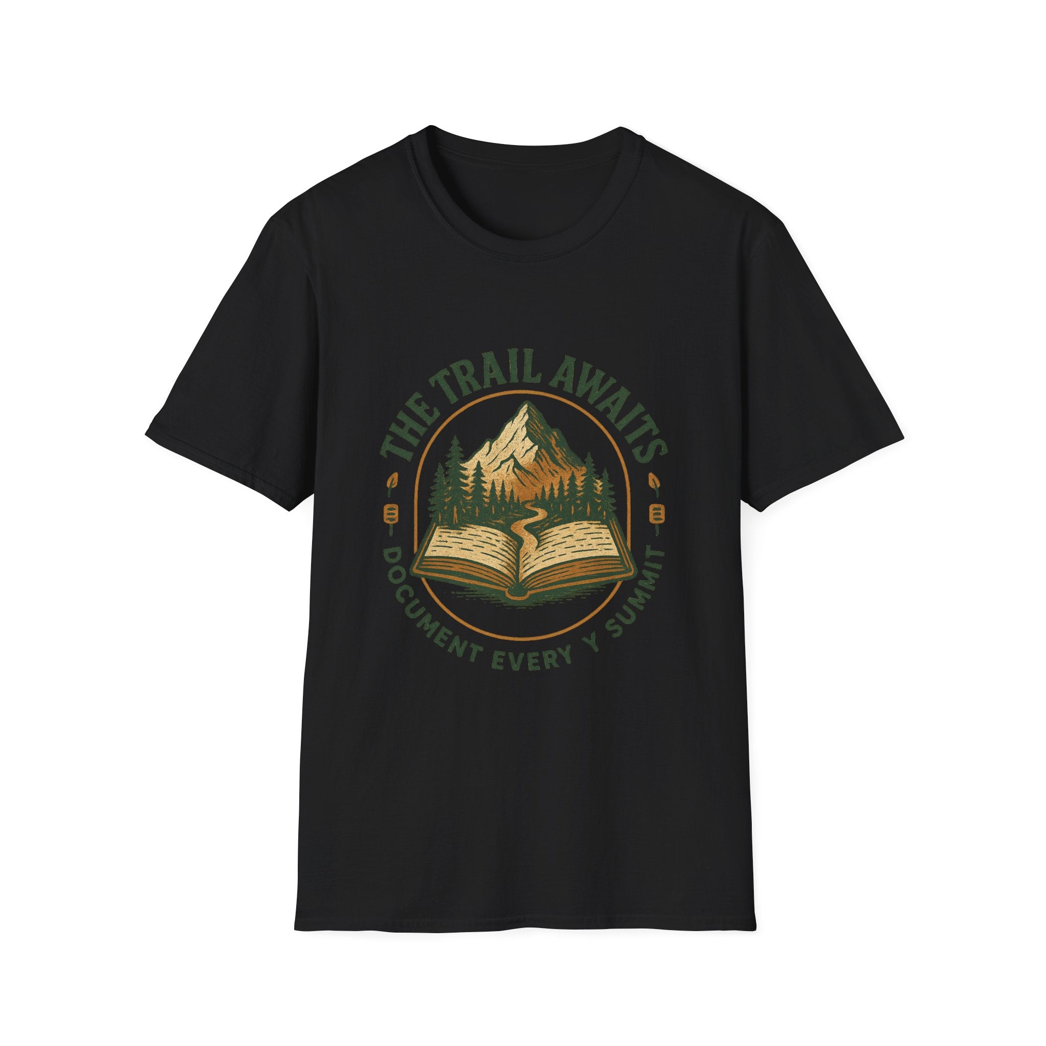 The Trail Awaits mountain and book illustration T-Shirt | hiking, adventure, nature