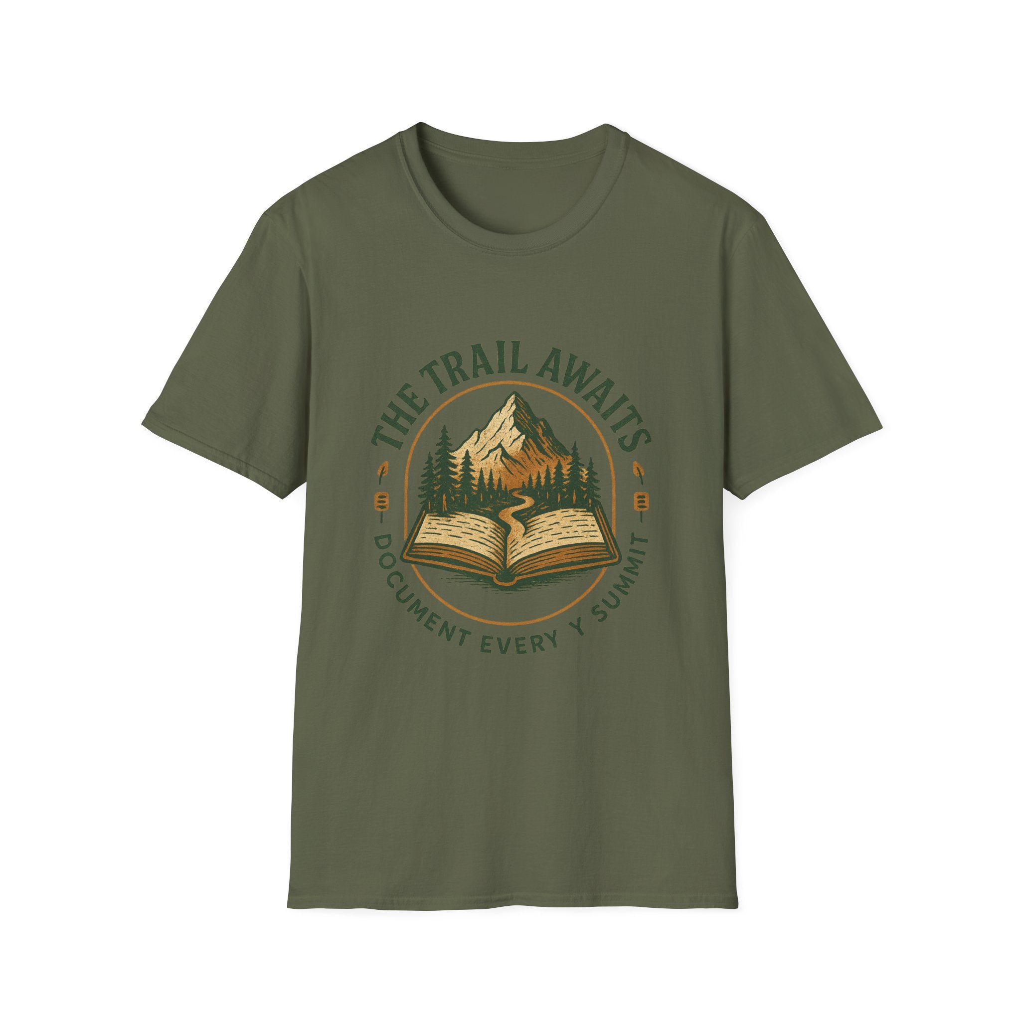 The Trail Awaits mountain and book illustration T-Shirt | hiking, adventure, nature
