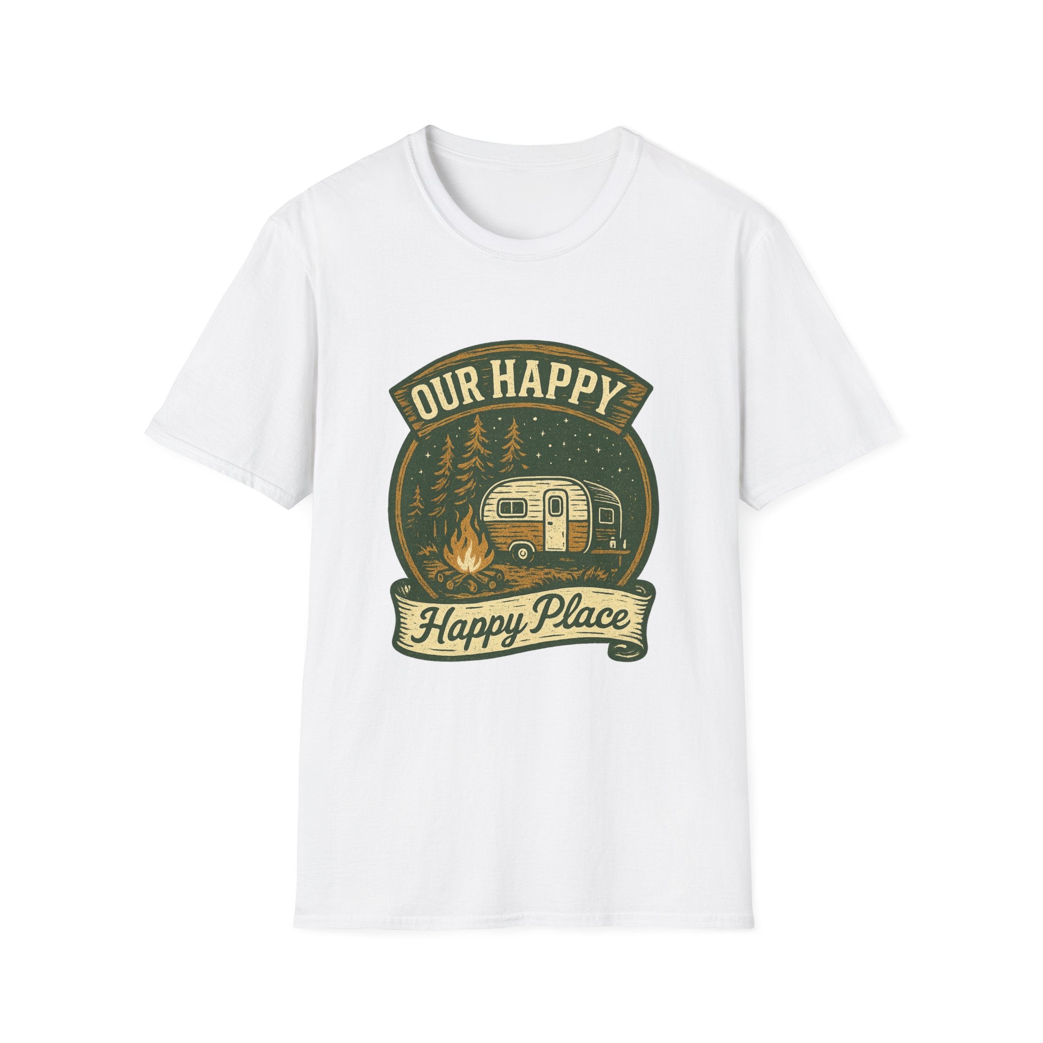 Our Happy Happy Place camper graphic T-Shirt | vintage camping trailer design