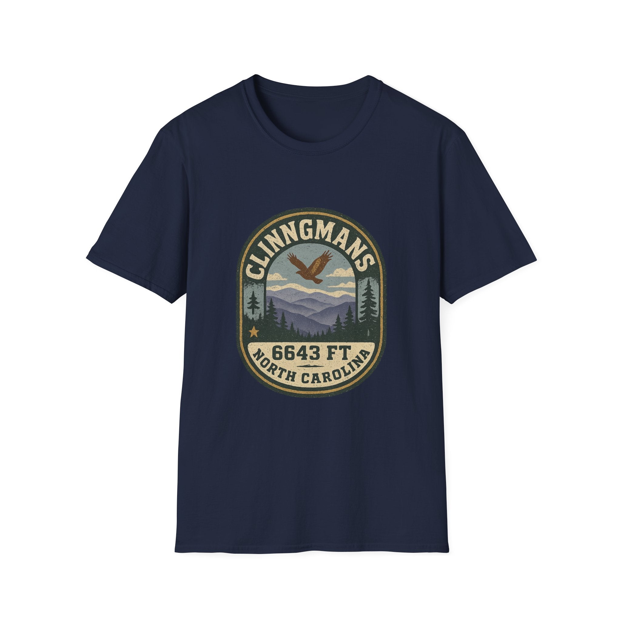 Clinngmans North Carolina 6643 Ft Mountain Badge T-Shirt | Hiking Patch Design