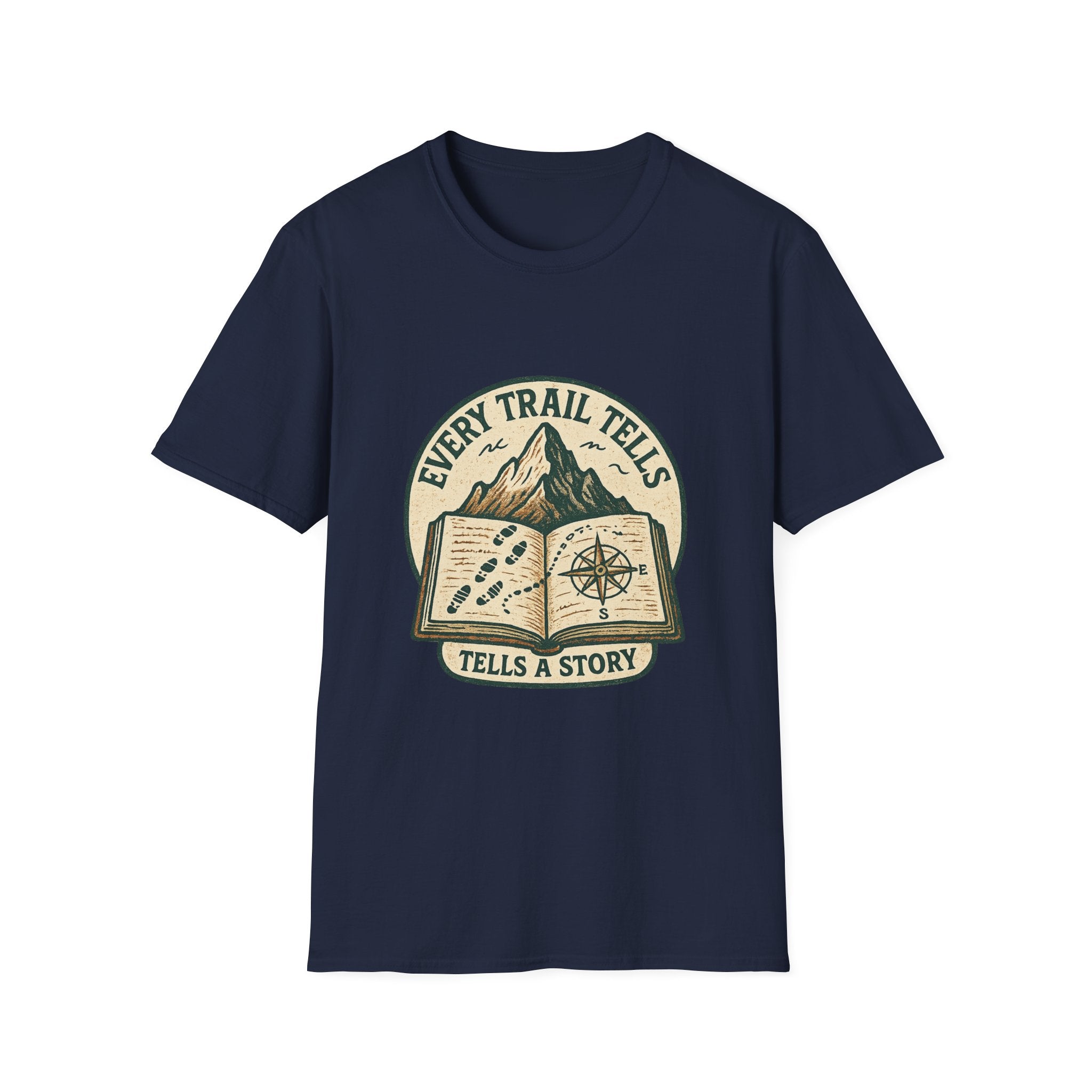 Every Trail Tells Story T-Shirt | Mountain, Open Book, Compass Design