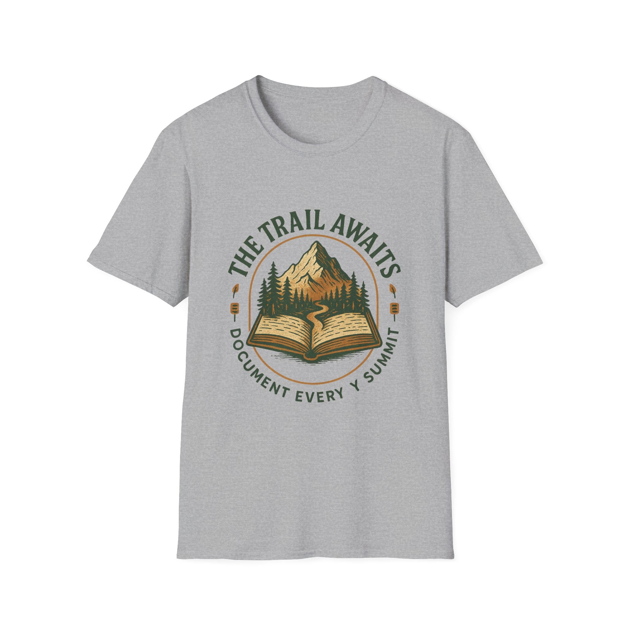 The Trail Awaits mountain and book illustration T-Shirt | hiking, adventure, nature