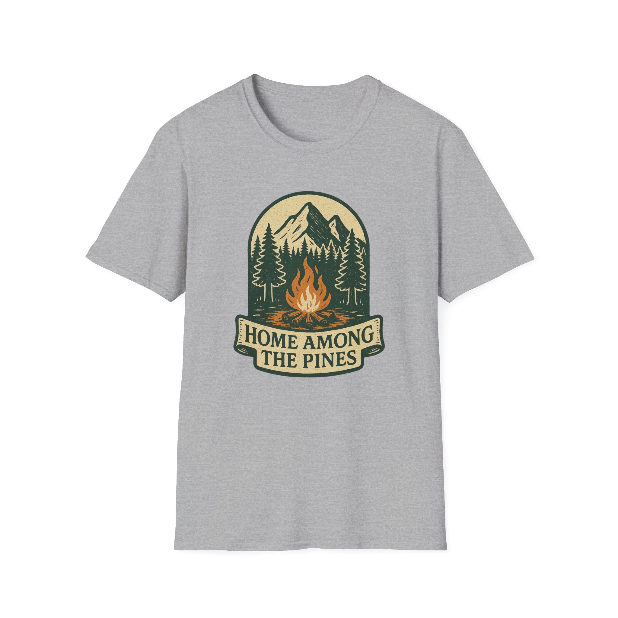 Home Among The Pines campfire graphic T-Shirt | mountain forest design