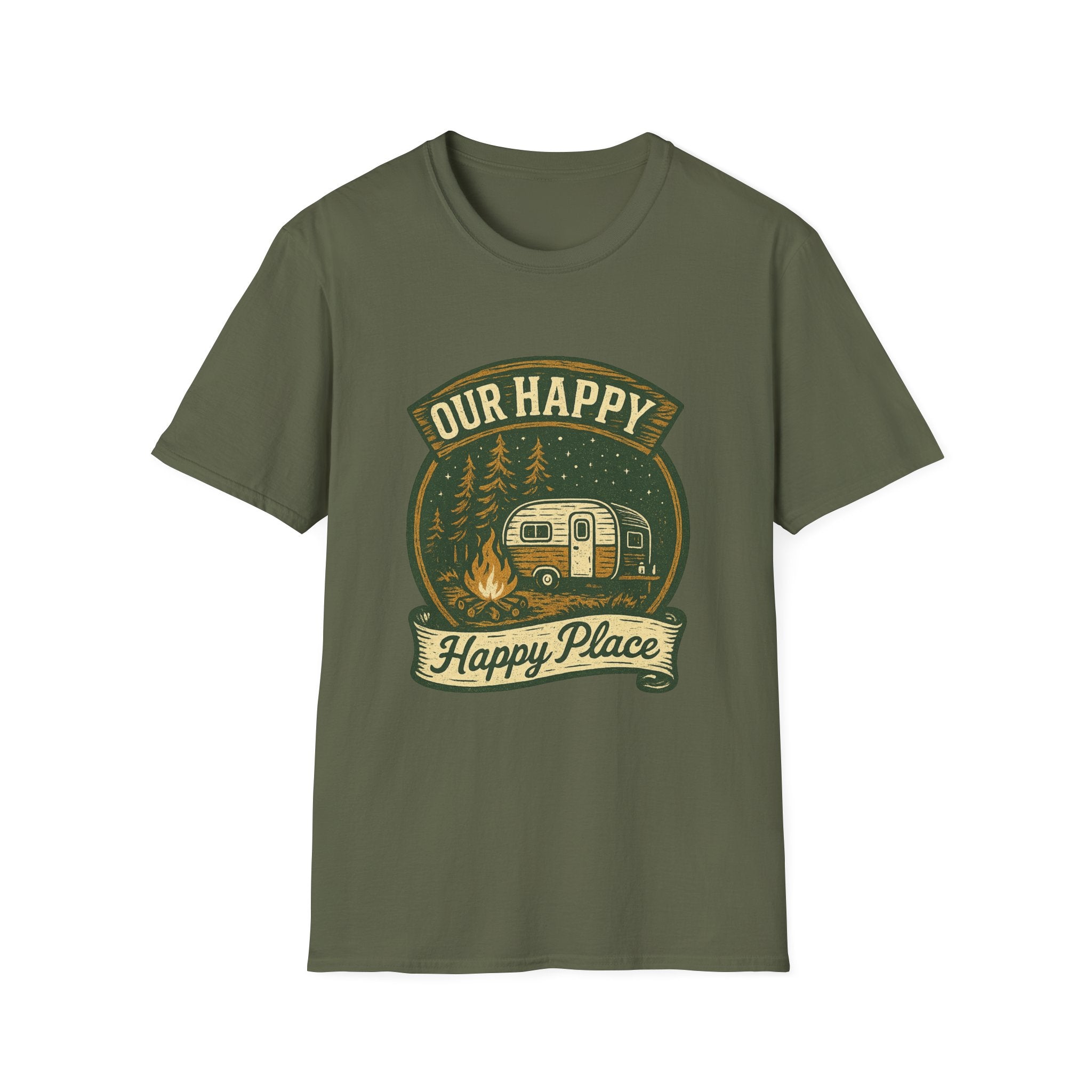 Our Happy Happy Place camper graphic T-Shirt | vintage camping trailer design