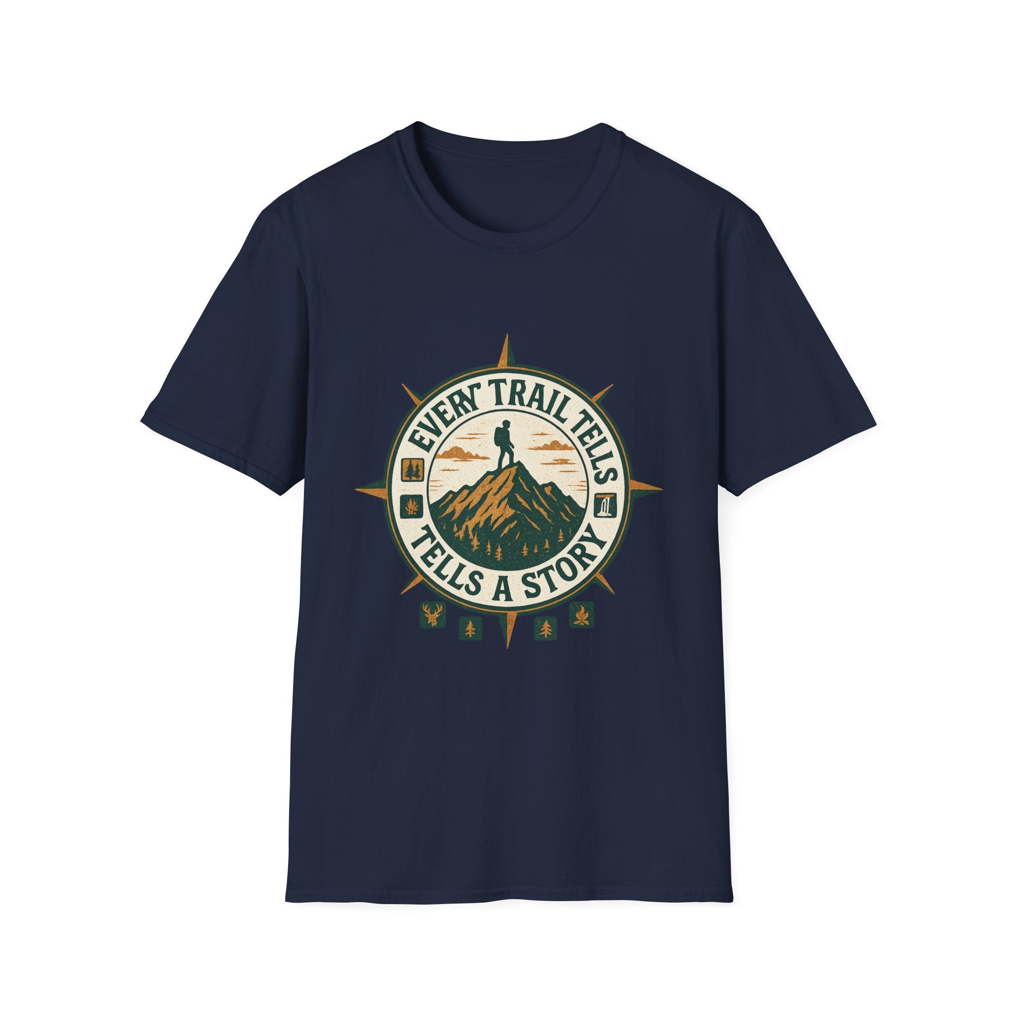 Every Trail Tells a Story T-Shirt | Hiking Compass Mountain Design