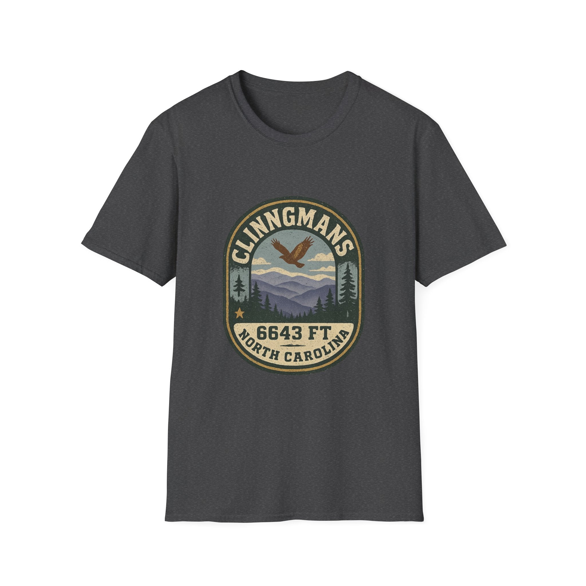 Clinngmans North Carolina 6643 Ft Mountain Badge T-Shirt | Hiking Patch Design
