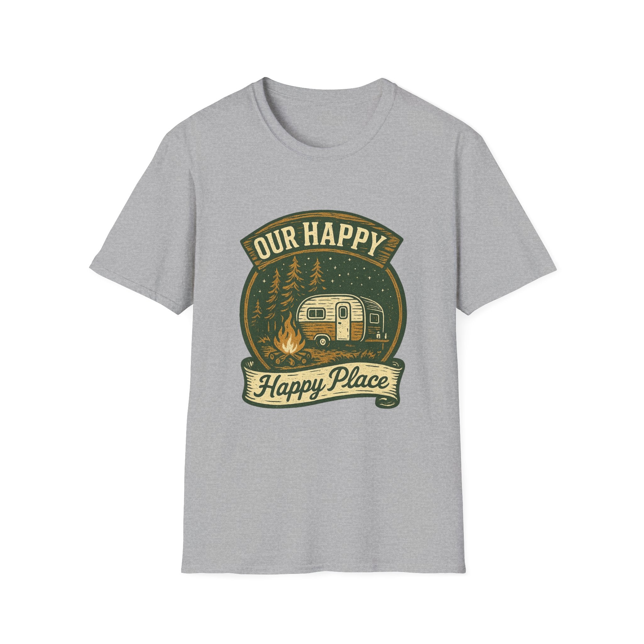 Our Happy Happy Place camper graphic T-Shirt | vintage camping trailer design