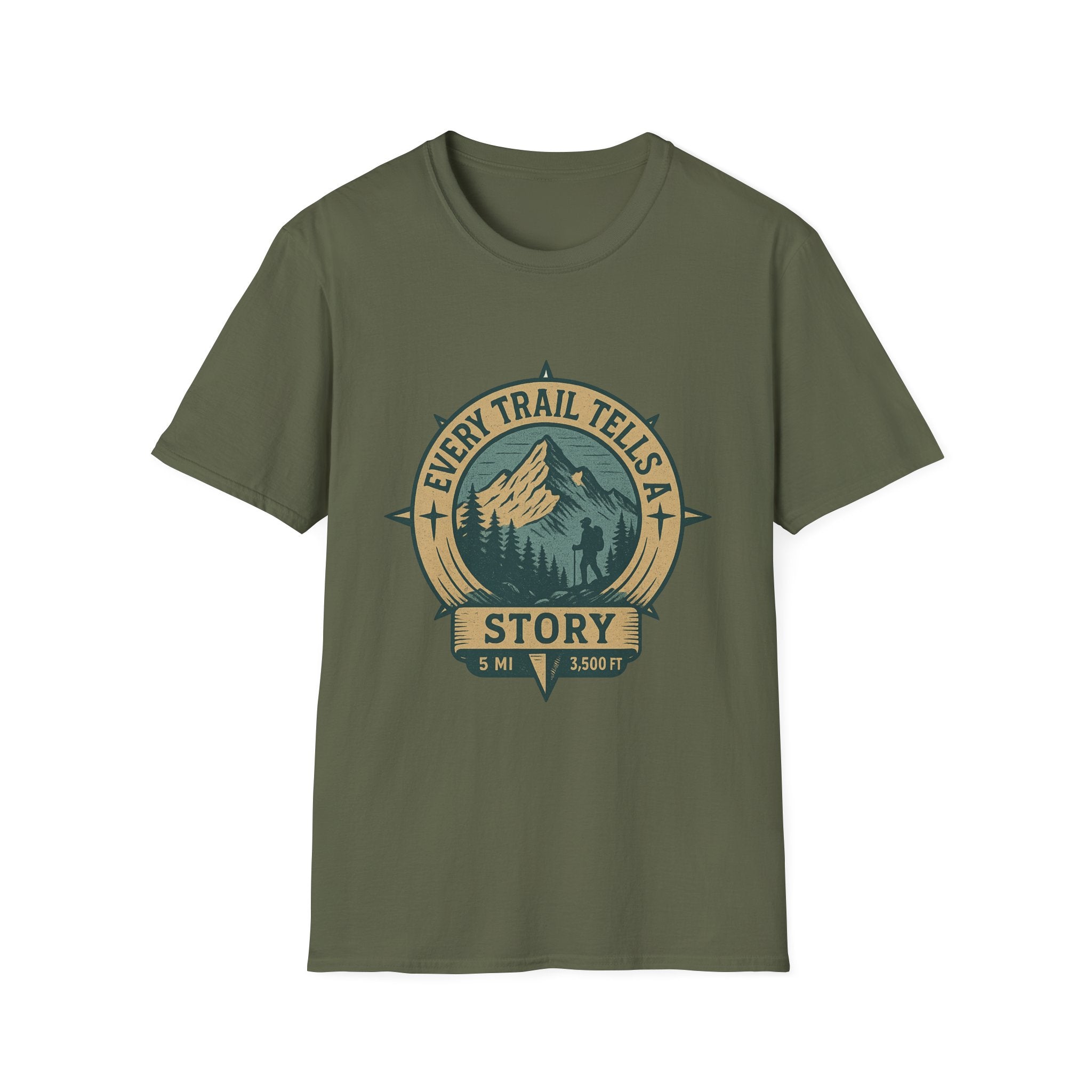 Every Trail Tells a Story T-Shirt | Mountain Hiking Badge Tee