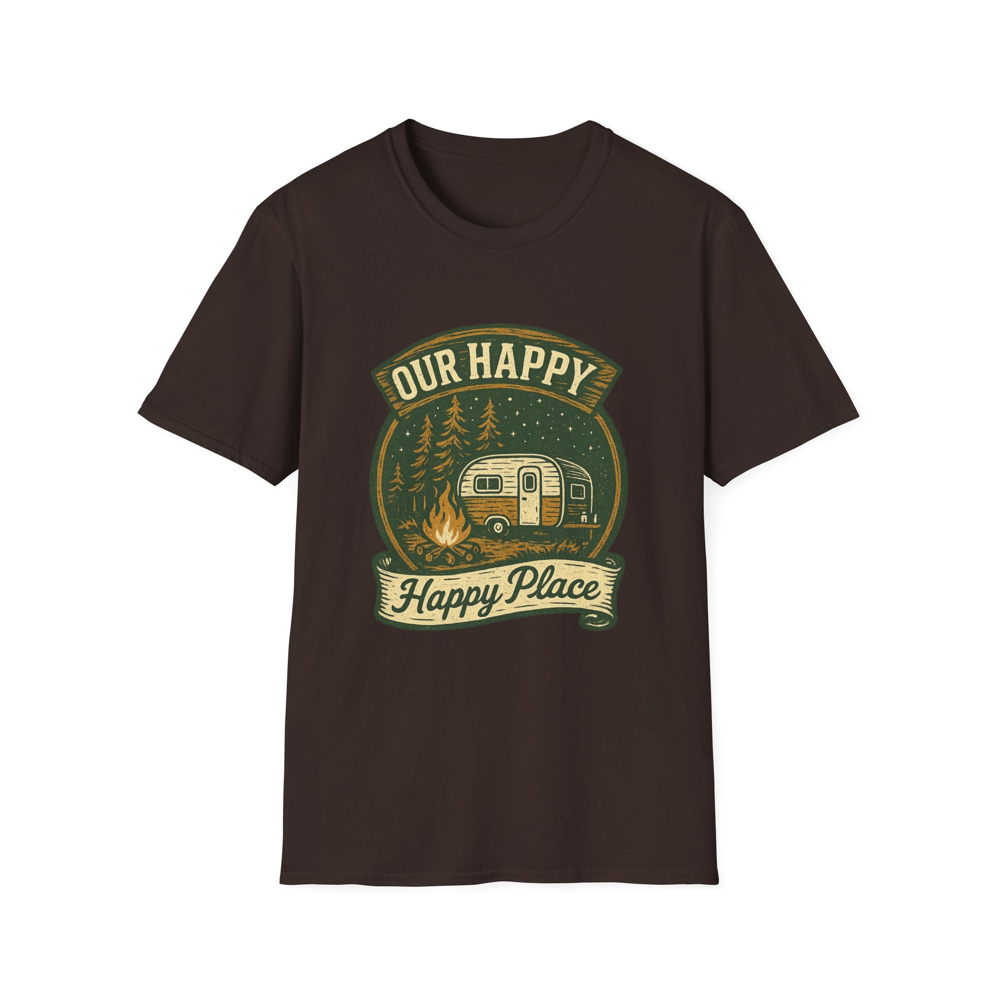 Our Happy Happy Place camper graphic T-Shirt | vintage camping trailer design