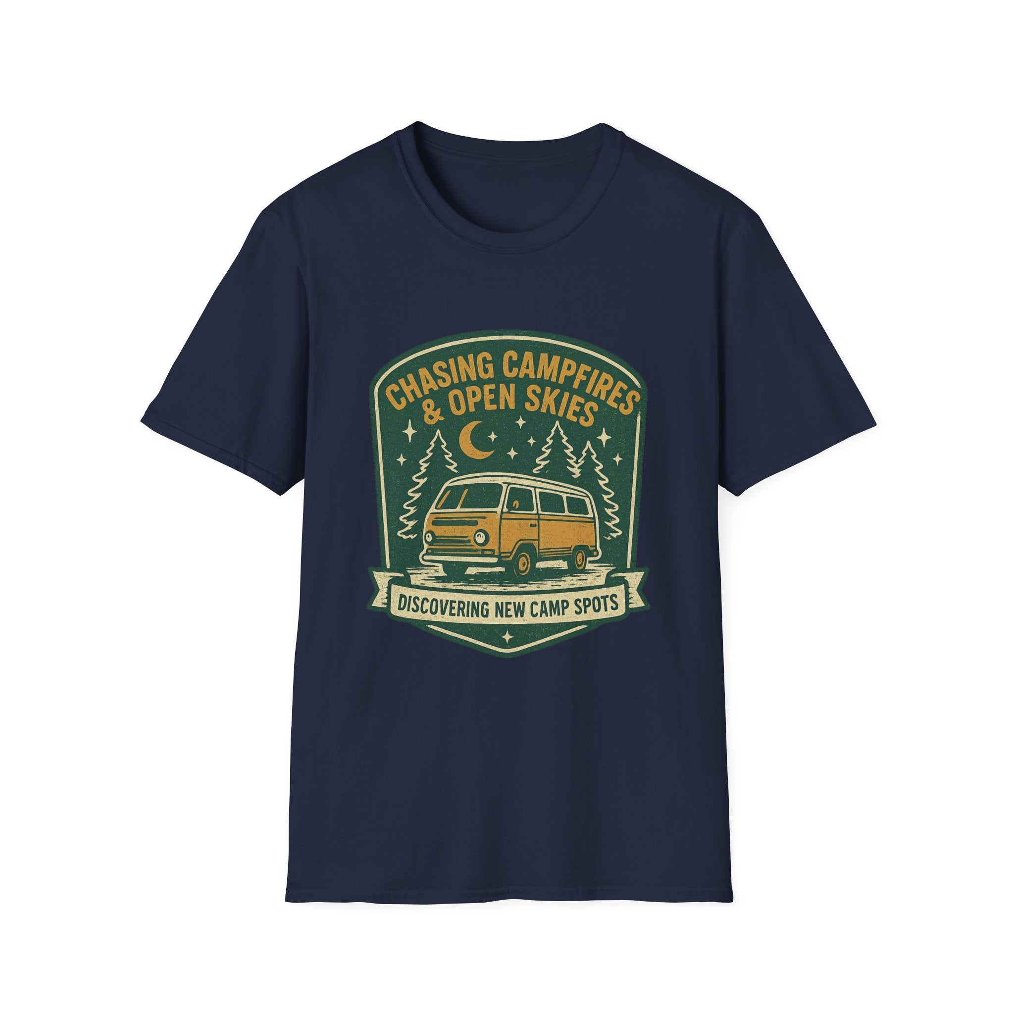Chasing Campfires & Open Skies T-Shirt | Vintage Camper Van Camping Design