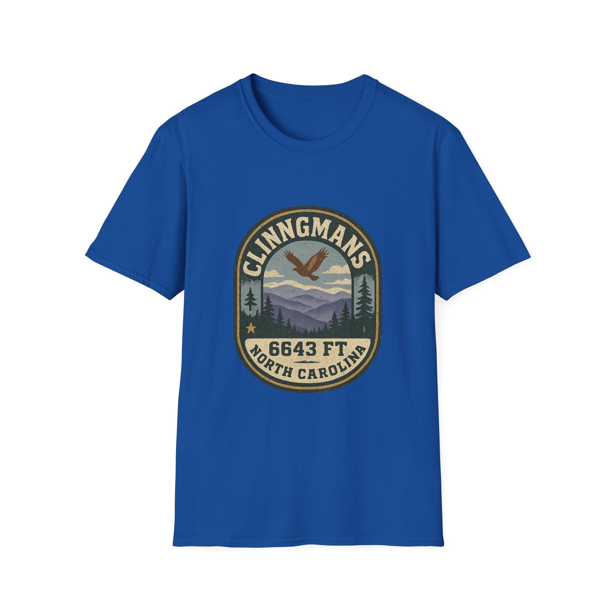 Clinngmans North Carolina 6643 Ft Mountain Badge T-Shirt | Hiking Patch Design