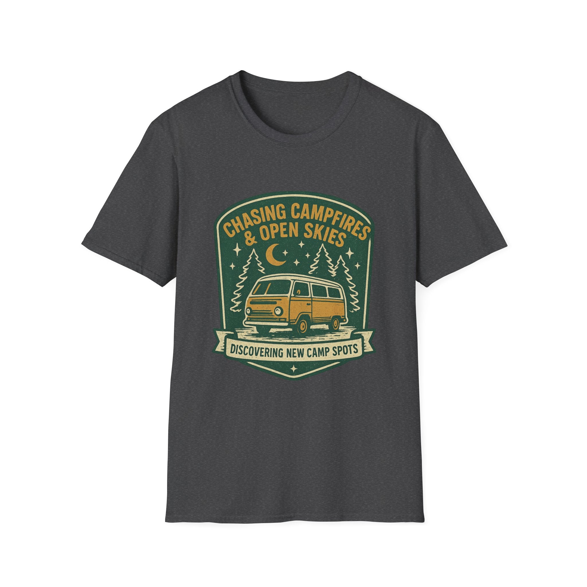 Chasing Campfires & Open Skies T-Shirt | Vintage Camper Van Camping Design