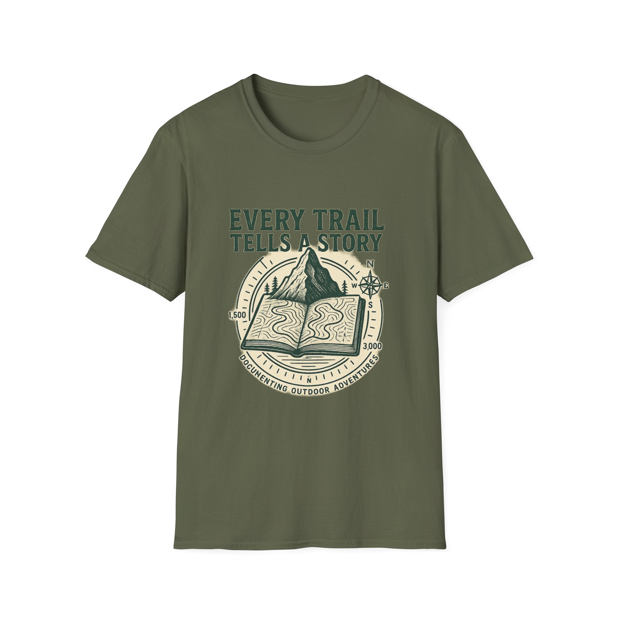 Every Trail Tells a Story T-Shirt | Hiking Mountain Compass Design