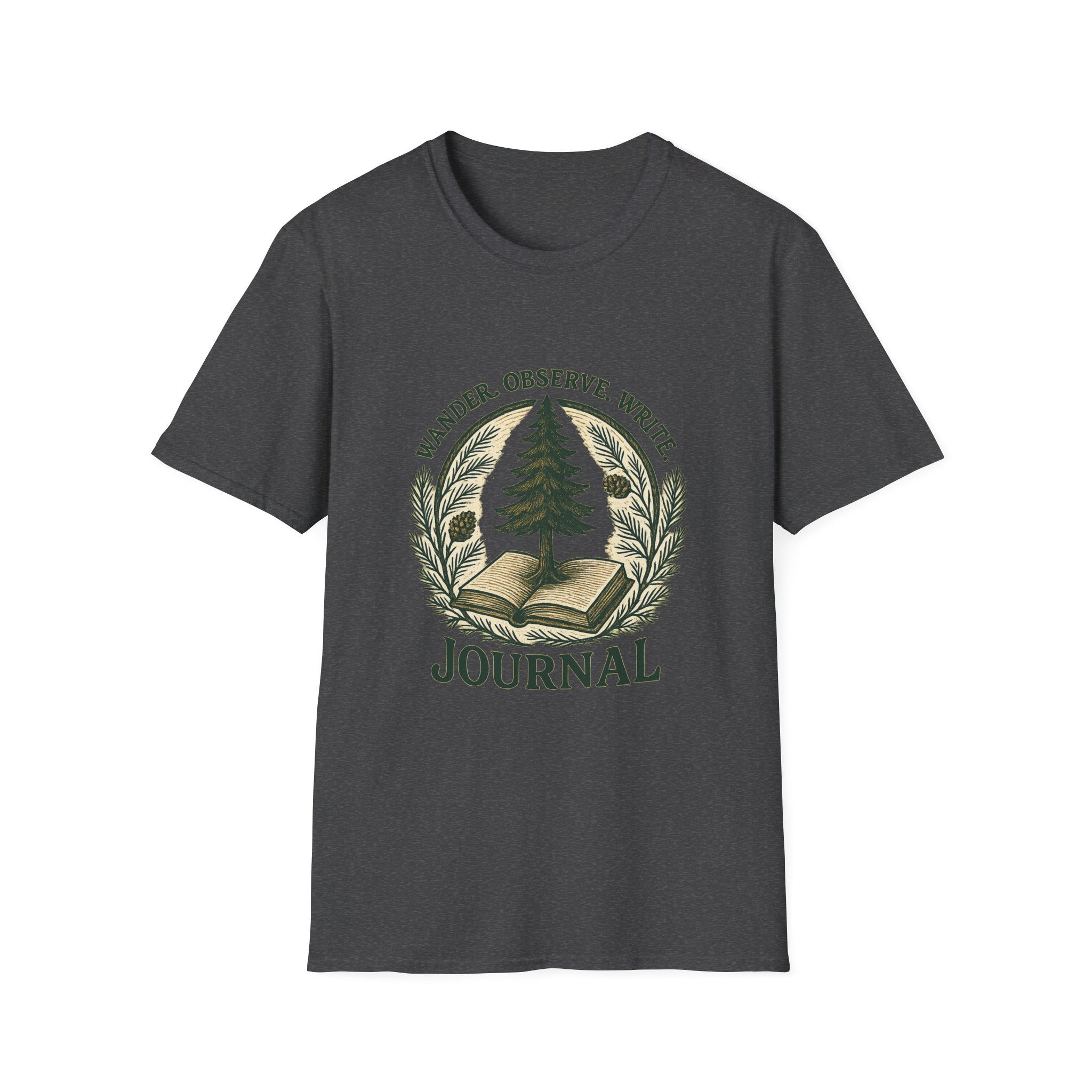 Wander Observe Write Journal T-Shirt | Nature Tree, Pinecone, Botanical Design