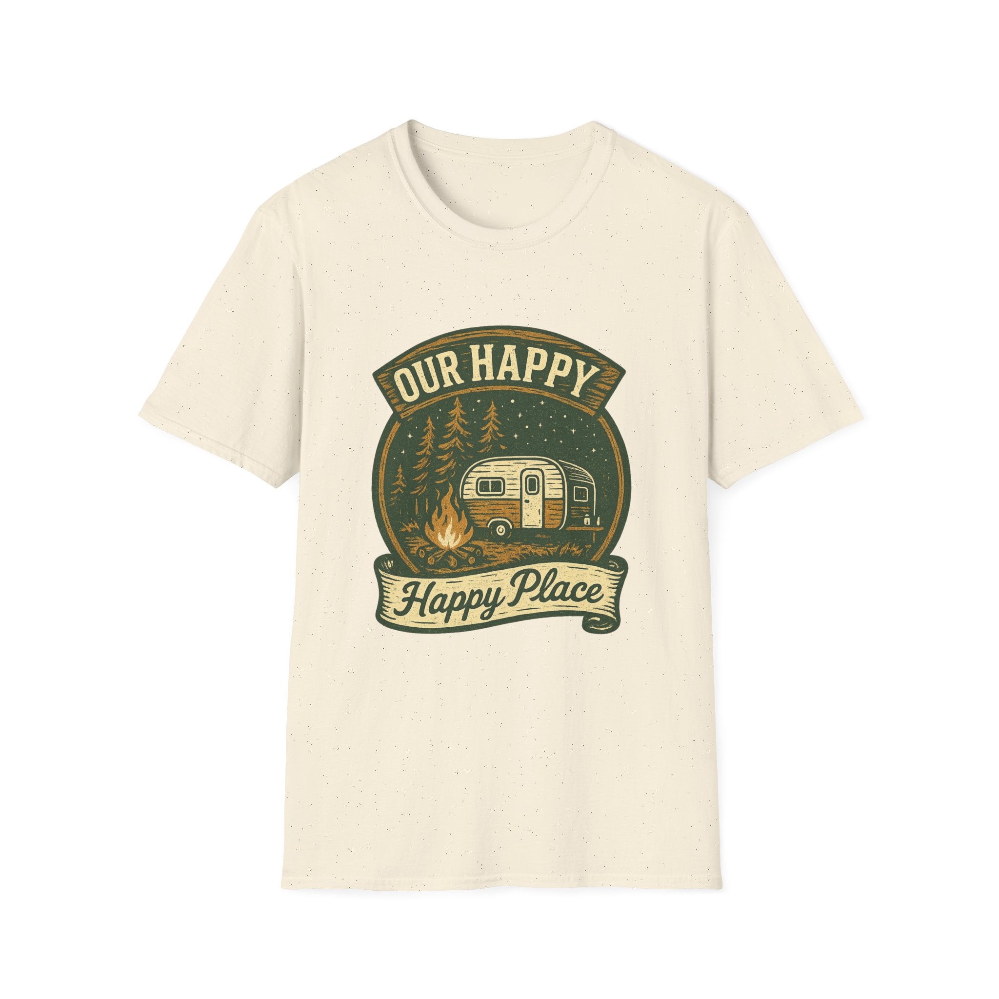 Our Happy Happy Place camper graphic T-Shirt | vintage camping trailer design