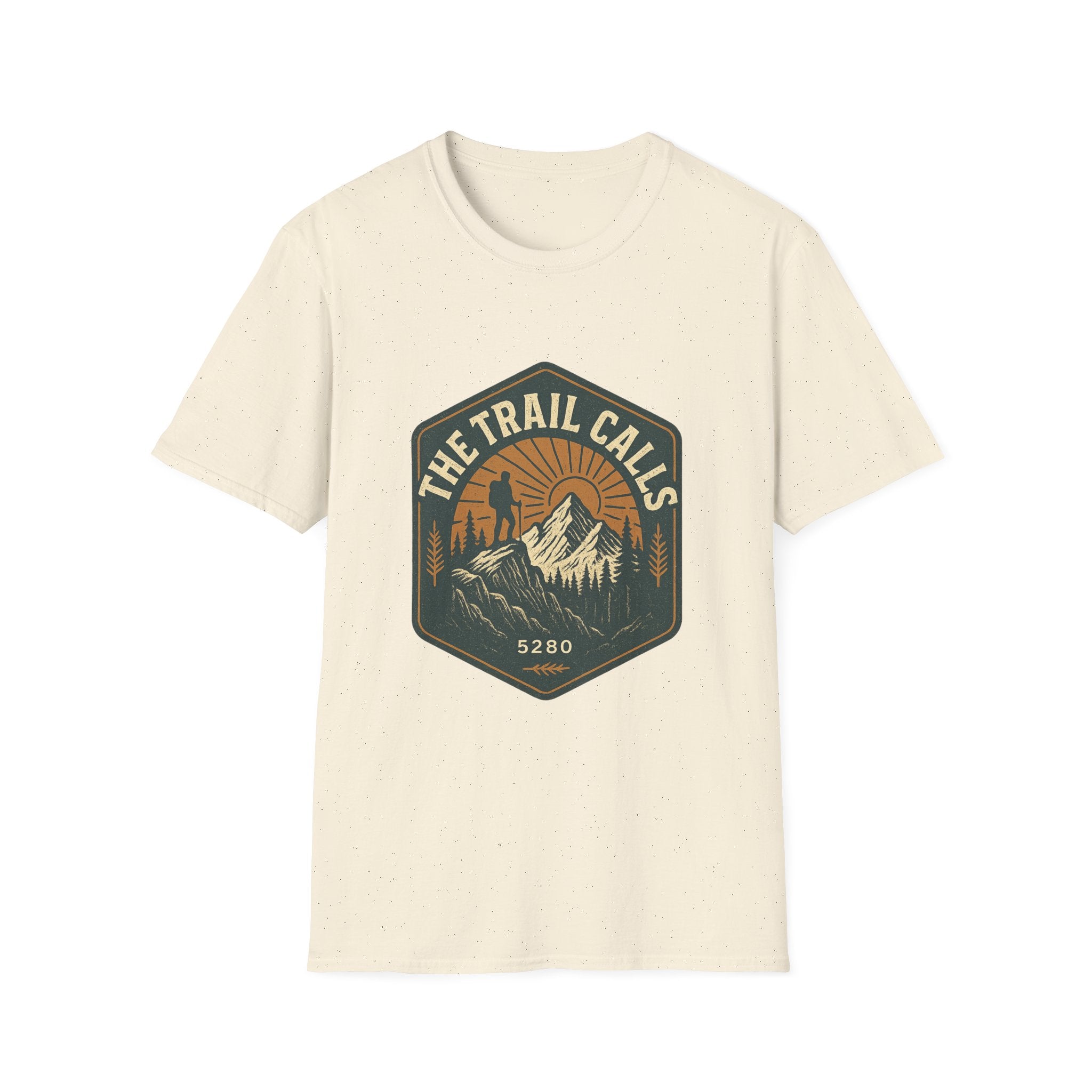The Trail Calls hiking emblem T-Shirt | mountain, sunset, outdoors